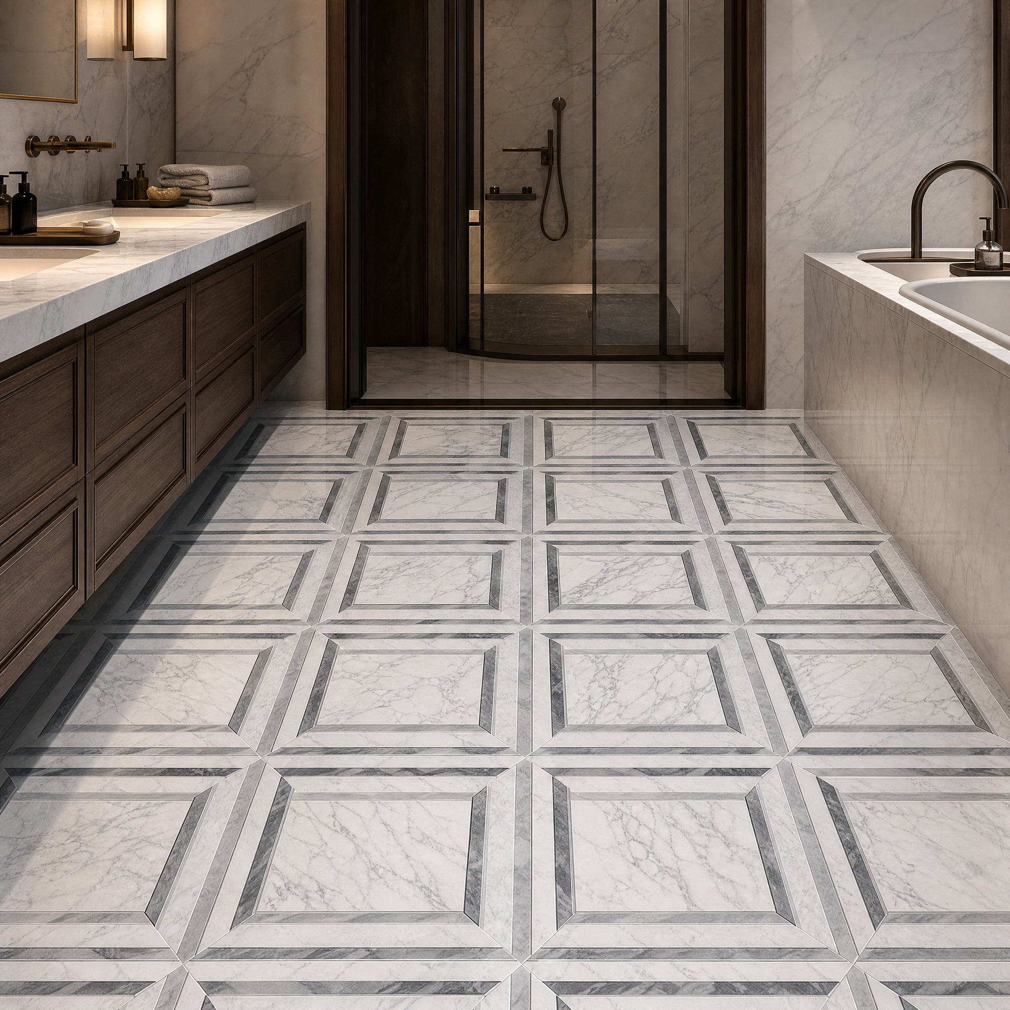 Carrara White Carrara Grey Waterjet Marble Mosaic luxury mosaic floor in a refined interior
