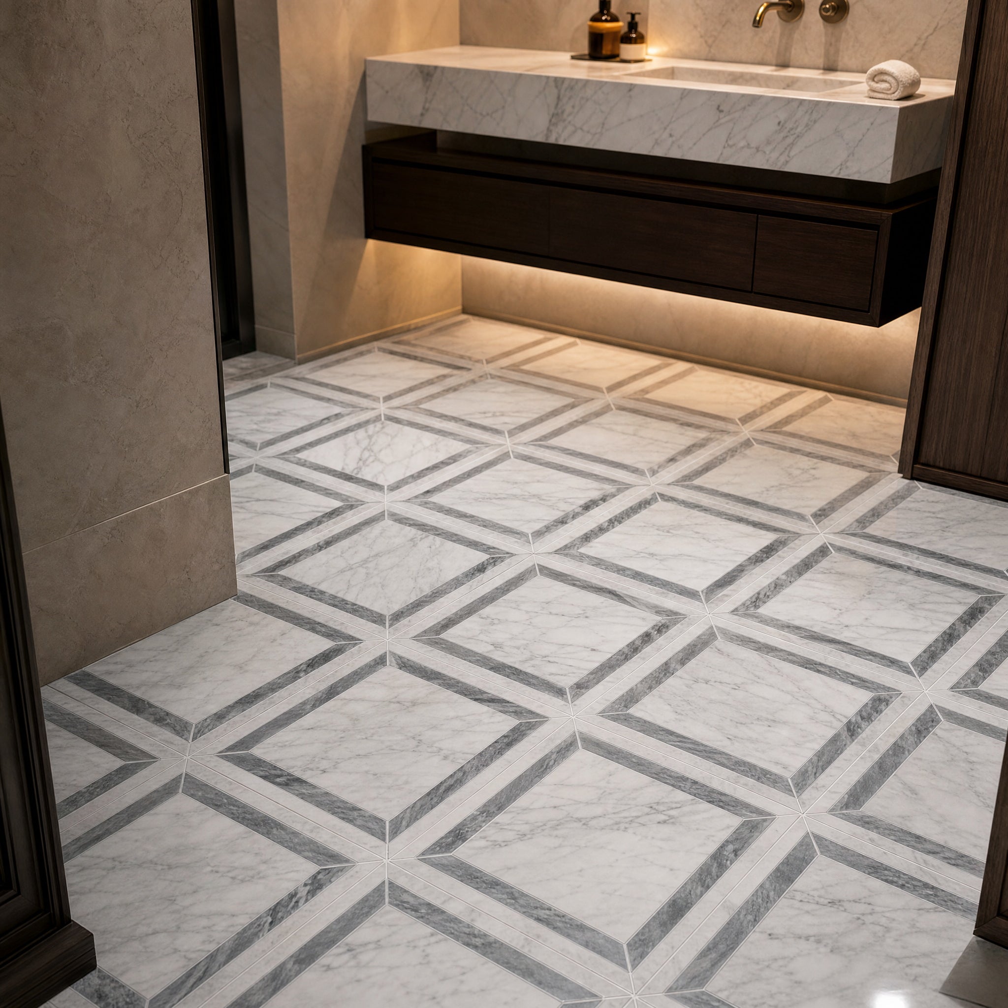 Carrara White Carrara Grey Waterjet Marble Mosaic decorative mosaic floor in a luxury bathroom