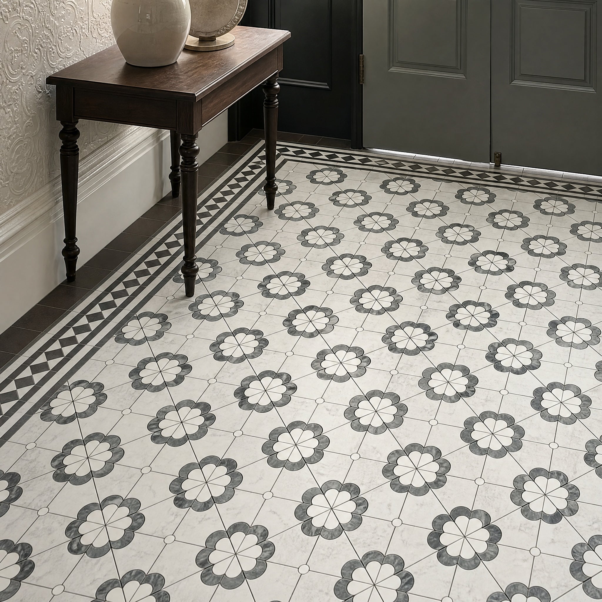 Carrara White Flowers Marble Mosaic Tile mosaic tile detail in an elegant interior