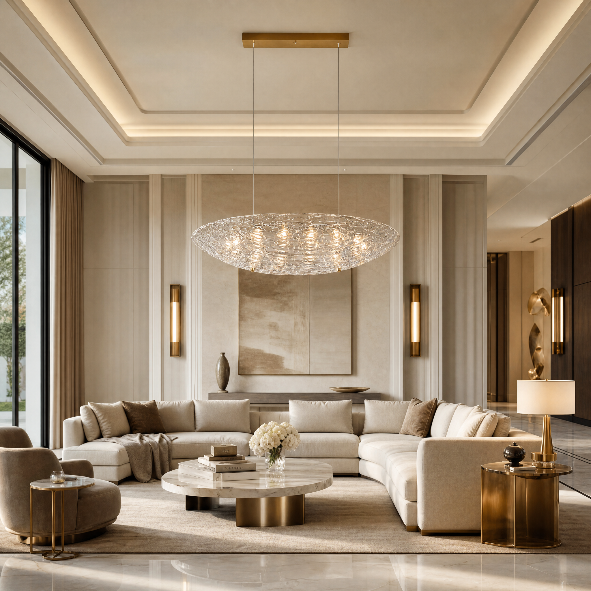 VORELLI Cascata fluid sculpted glass pendant light hanging elegantly above a luxury residential dining table, casting a soft, warm atmospheric glow over the room.