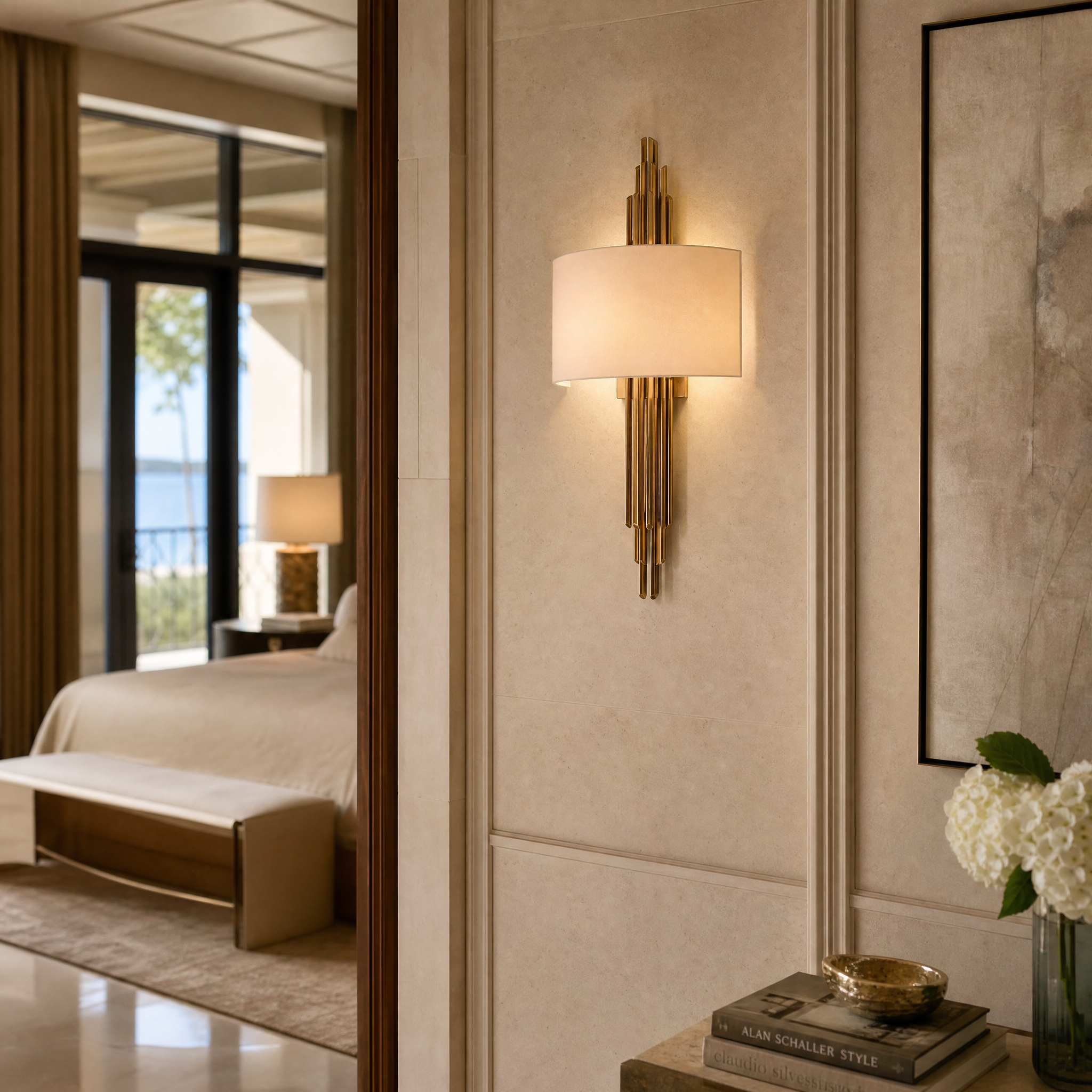 Modern residential living room featuring the VORELLI Castello Wall Light with its architectural metal tubing and soft fabric shade providing warm ambient illumination.