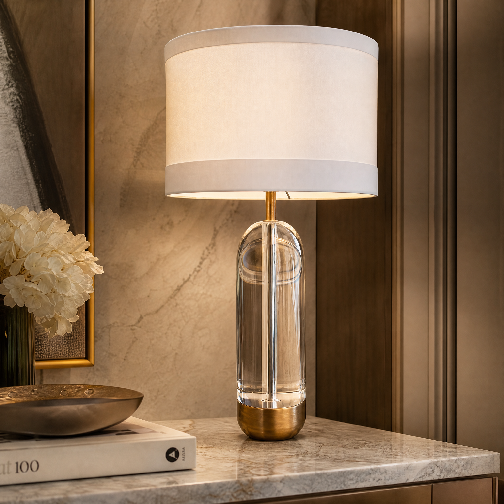 Macro closeup detailing the high-clarity sculpted crystal body and warm antique brass base of the VORELLI Cavello luxury table lamp.