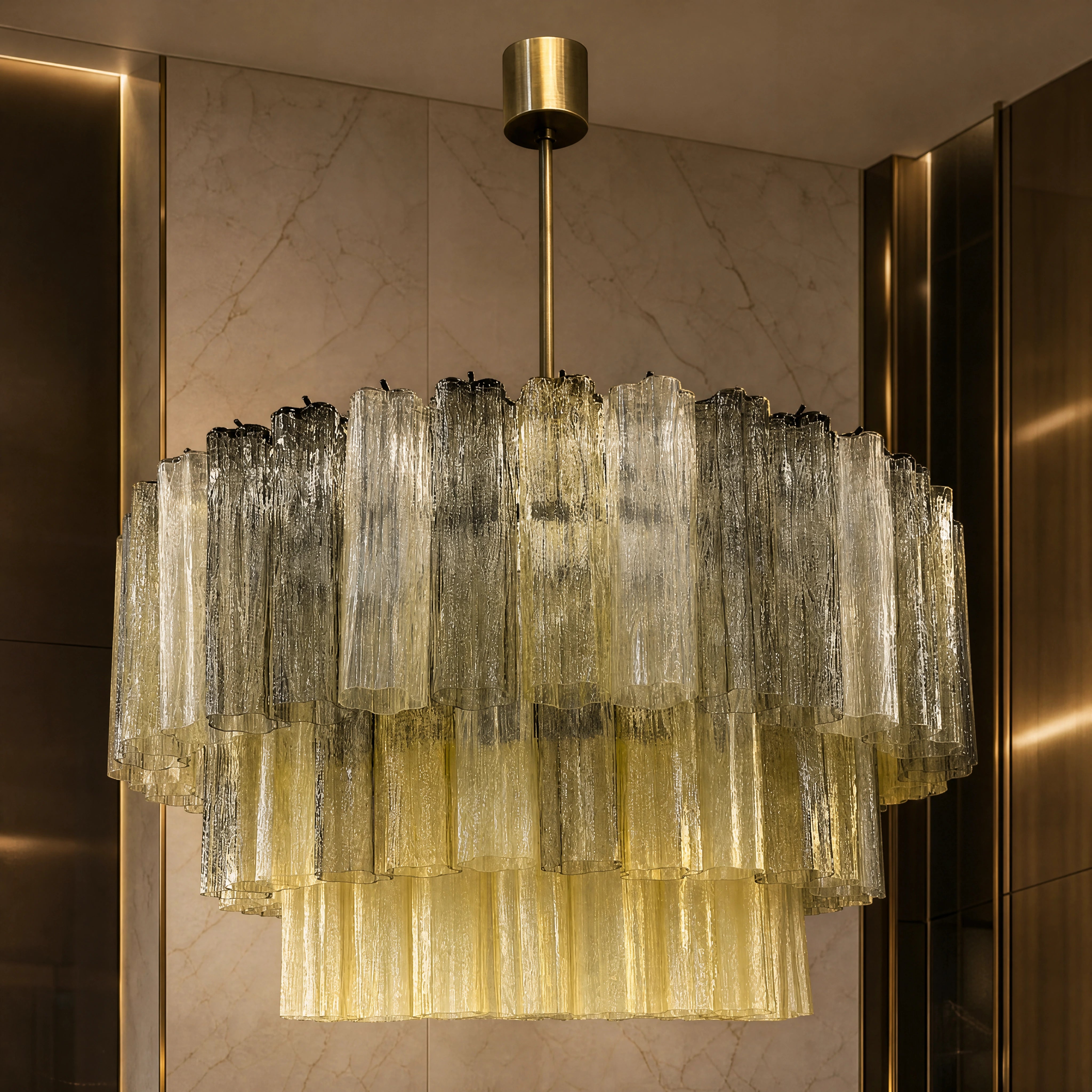 Chiavari Tronchi Murano Glass Staircase Chandelier close-up luxury lifestyle hero image by VORELLI