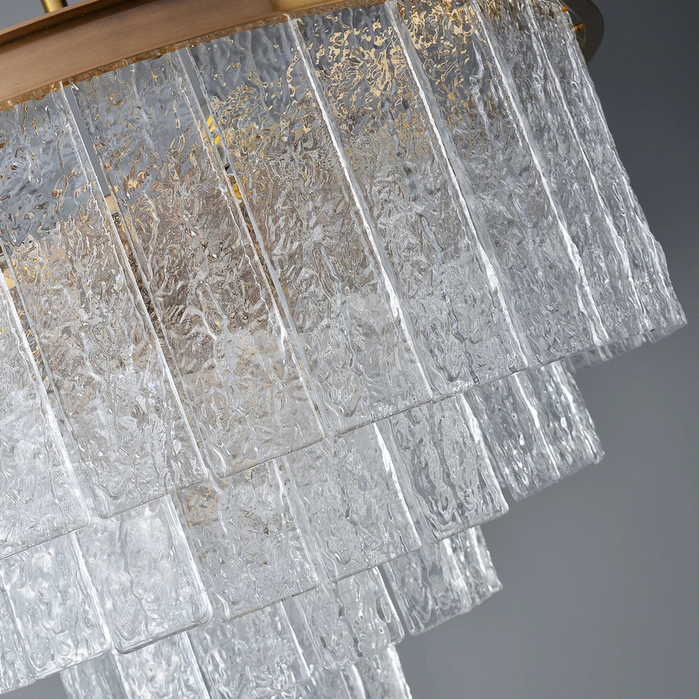 Detailed crystal texture of the VORELLI® Cellini Circular Chandelier with layered rectangular crystal prisms
