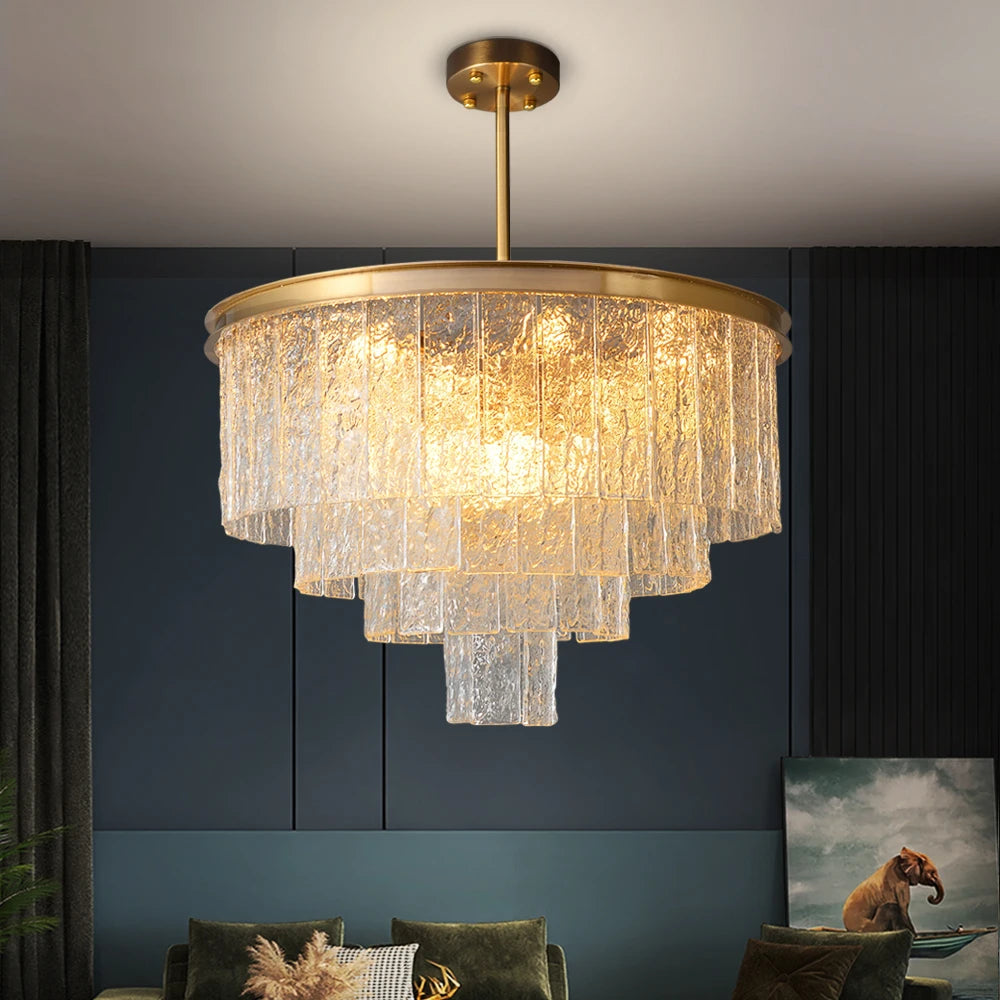 VORELLI® Cellini Circular Chandelier displayed in a modern living room with multi-tier cracked textured crystals