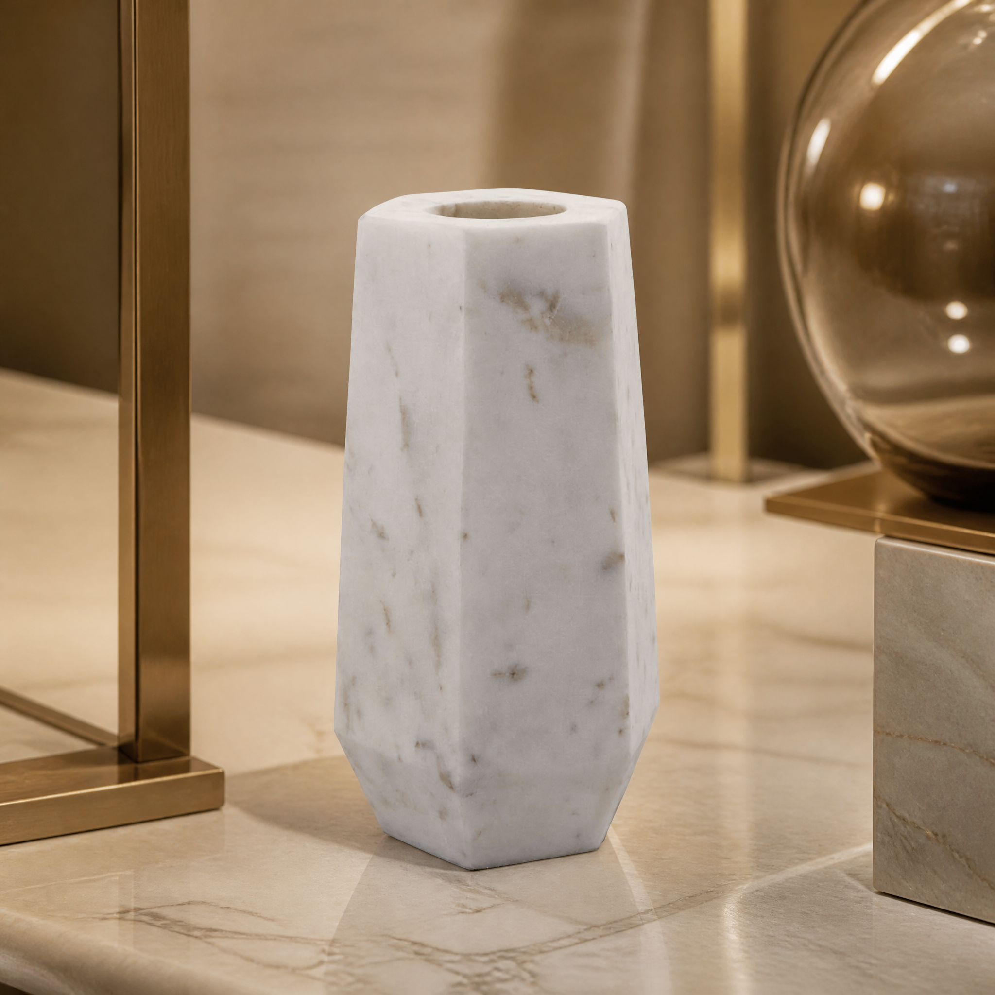 Close-up of the natural grey veining and tonal shifts on the polished surface of the white marble Cervino vase.