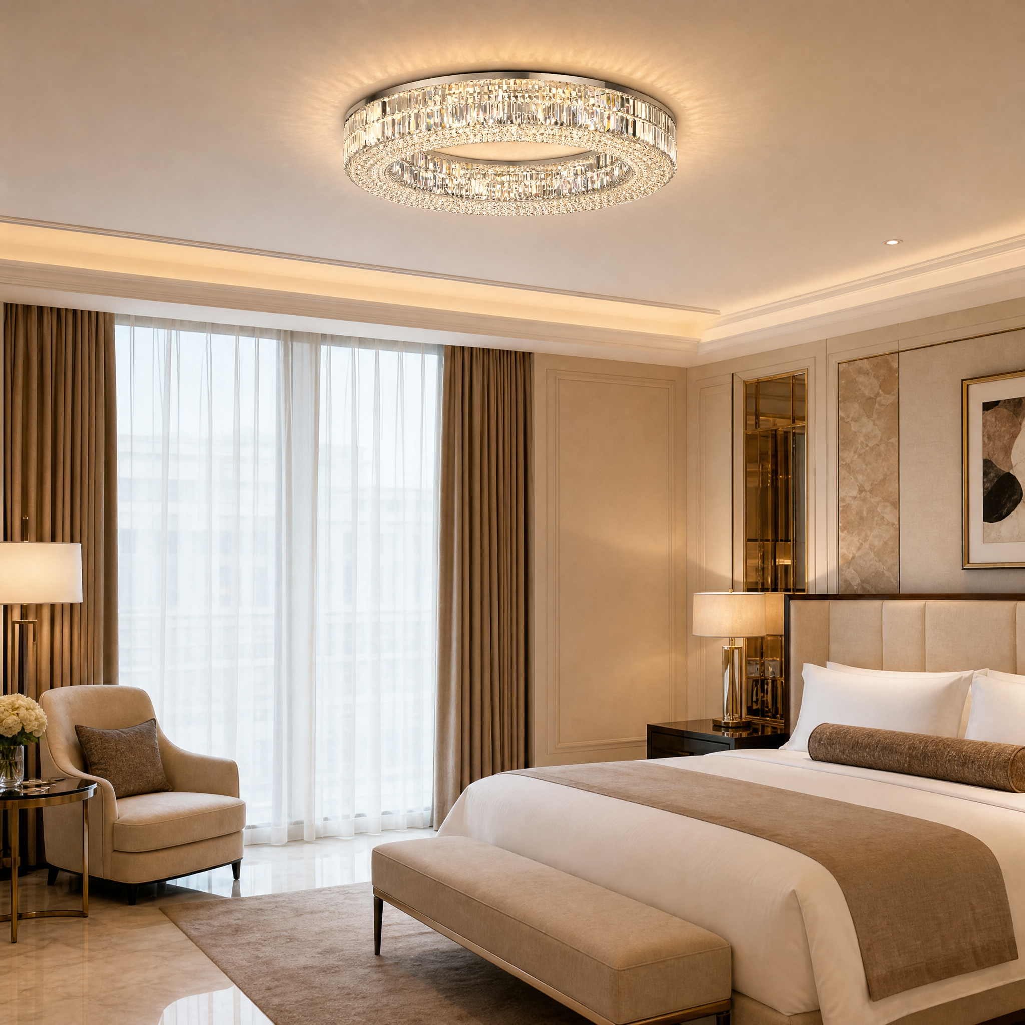 The Chartrons luxury circular ceiling light by VORELLI casting sophisticated reflections in a grand hotel lobby hospitality setting.