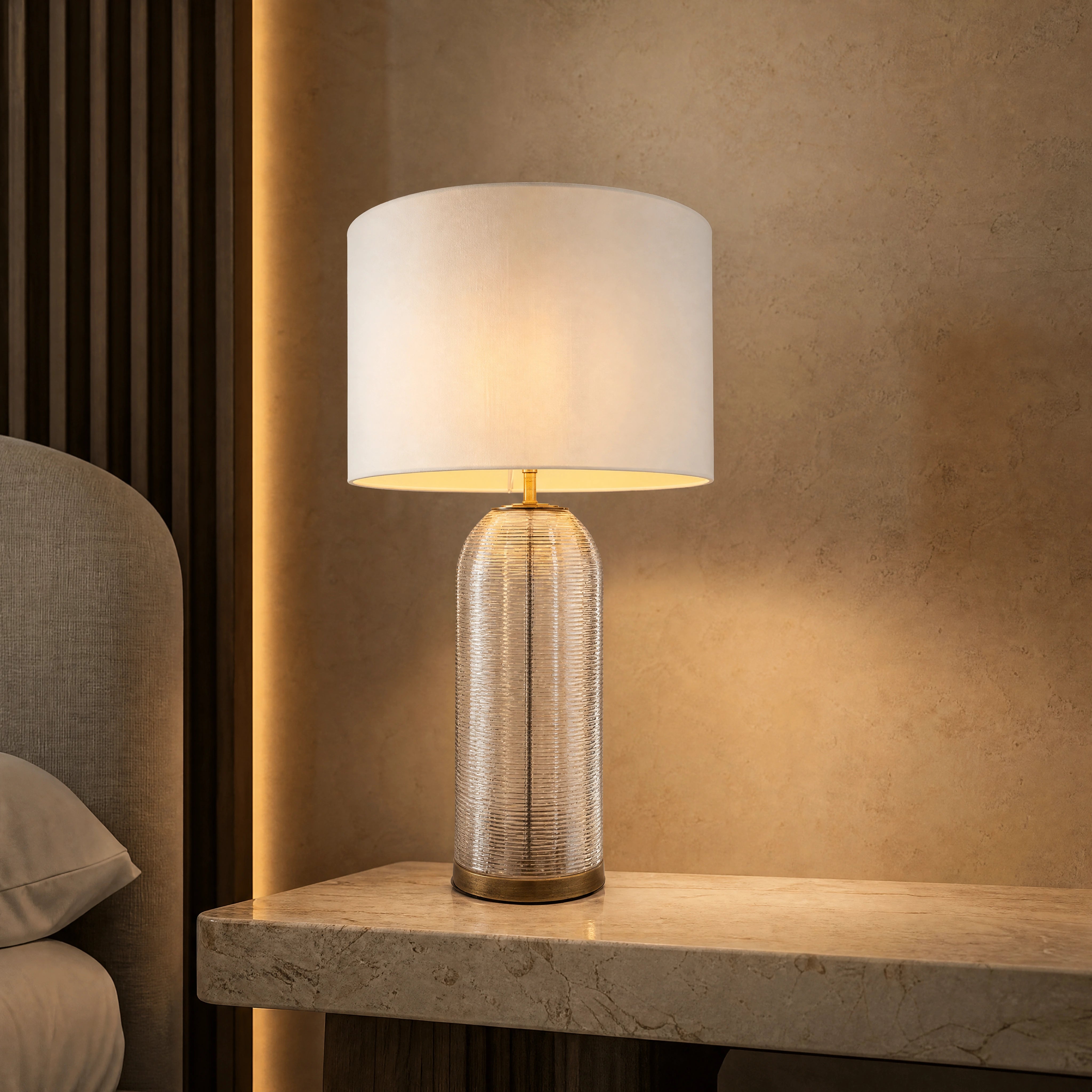 Churevo Ornate Brass Column Table Lamp close-up luxury lifestyle hero image by VORELLI
