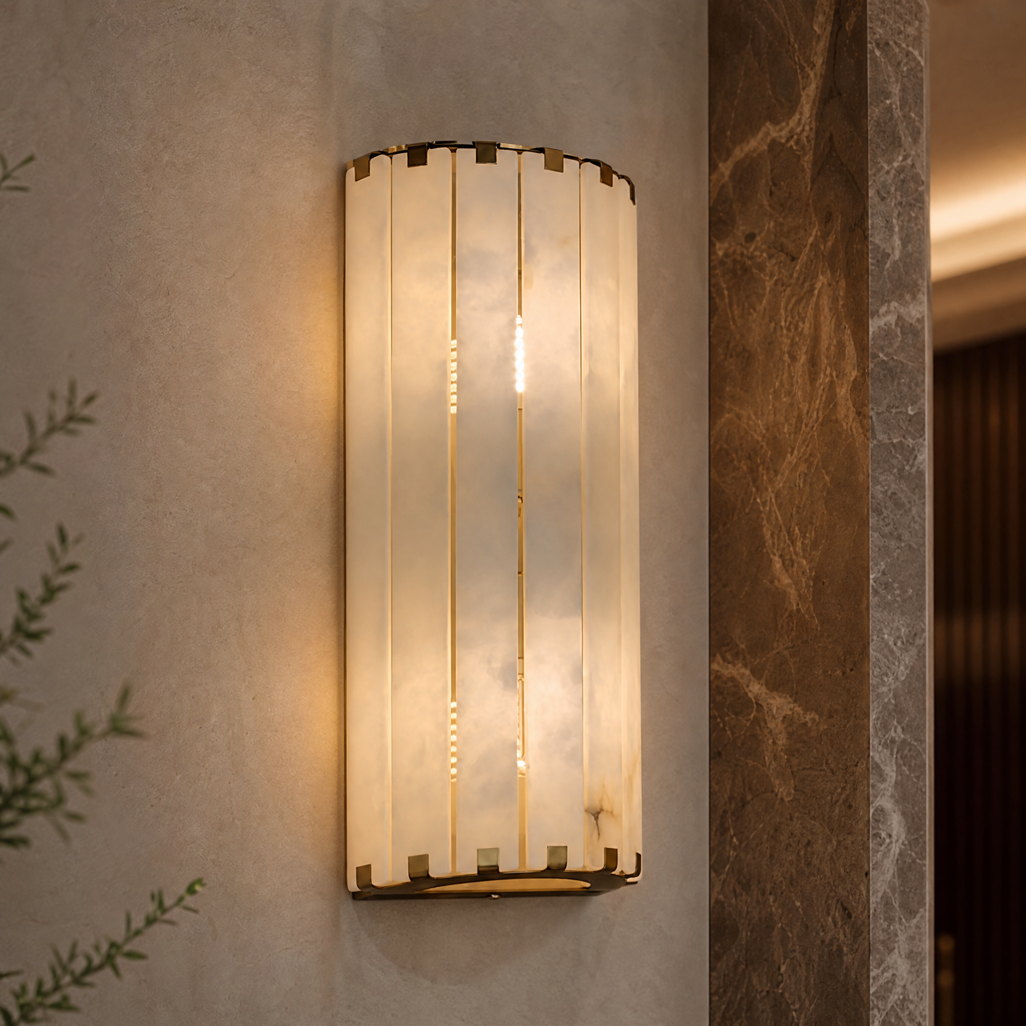 A detailed closeup shot of the VORELLI Cicci wall light highlighting the natural veining of the vertical marble panels and refined brass accents.