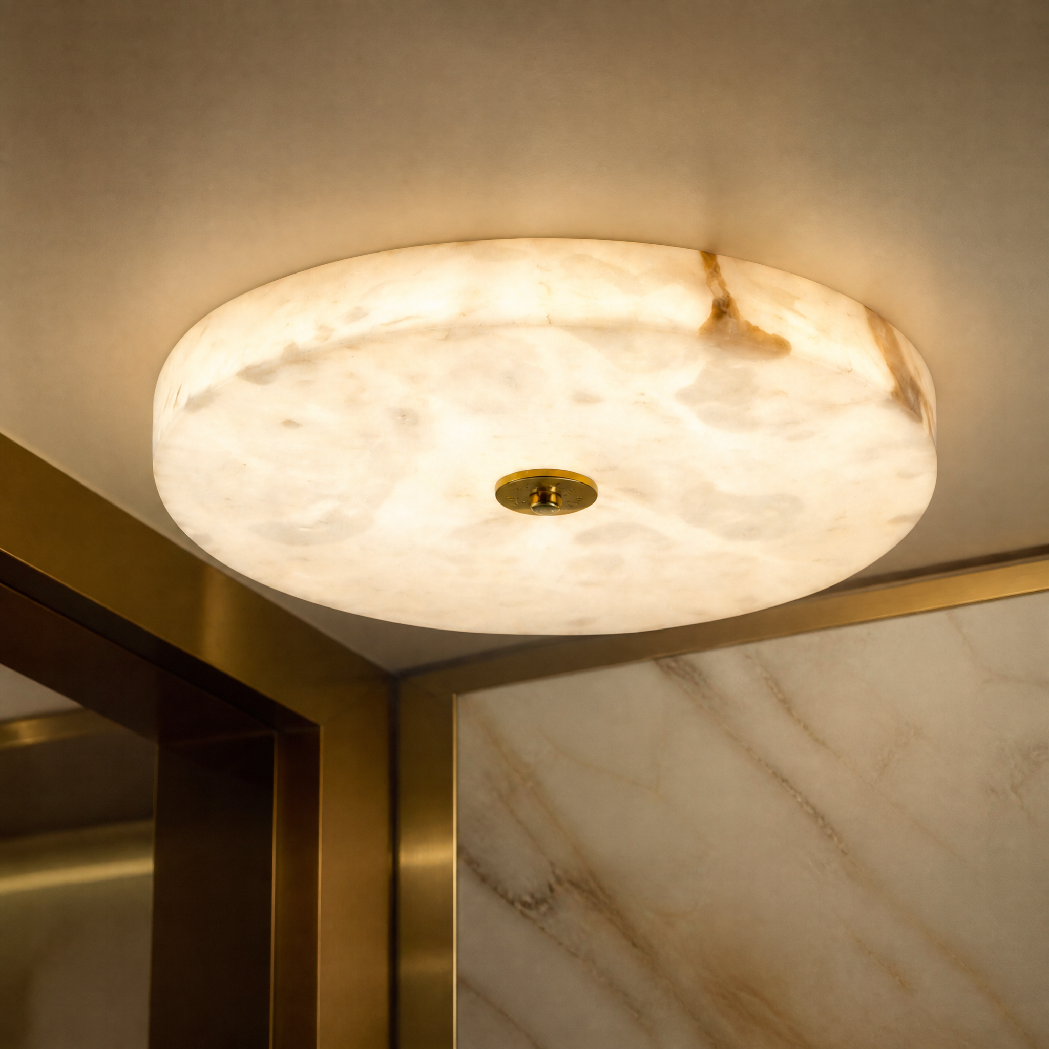 Macro closeup of the VORELLI Cira ceiling light highlighting the unique natural veining and texture of its marble diffuser.