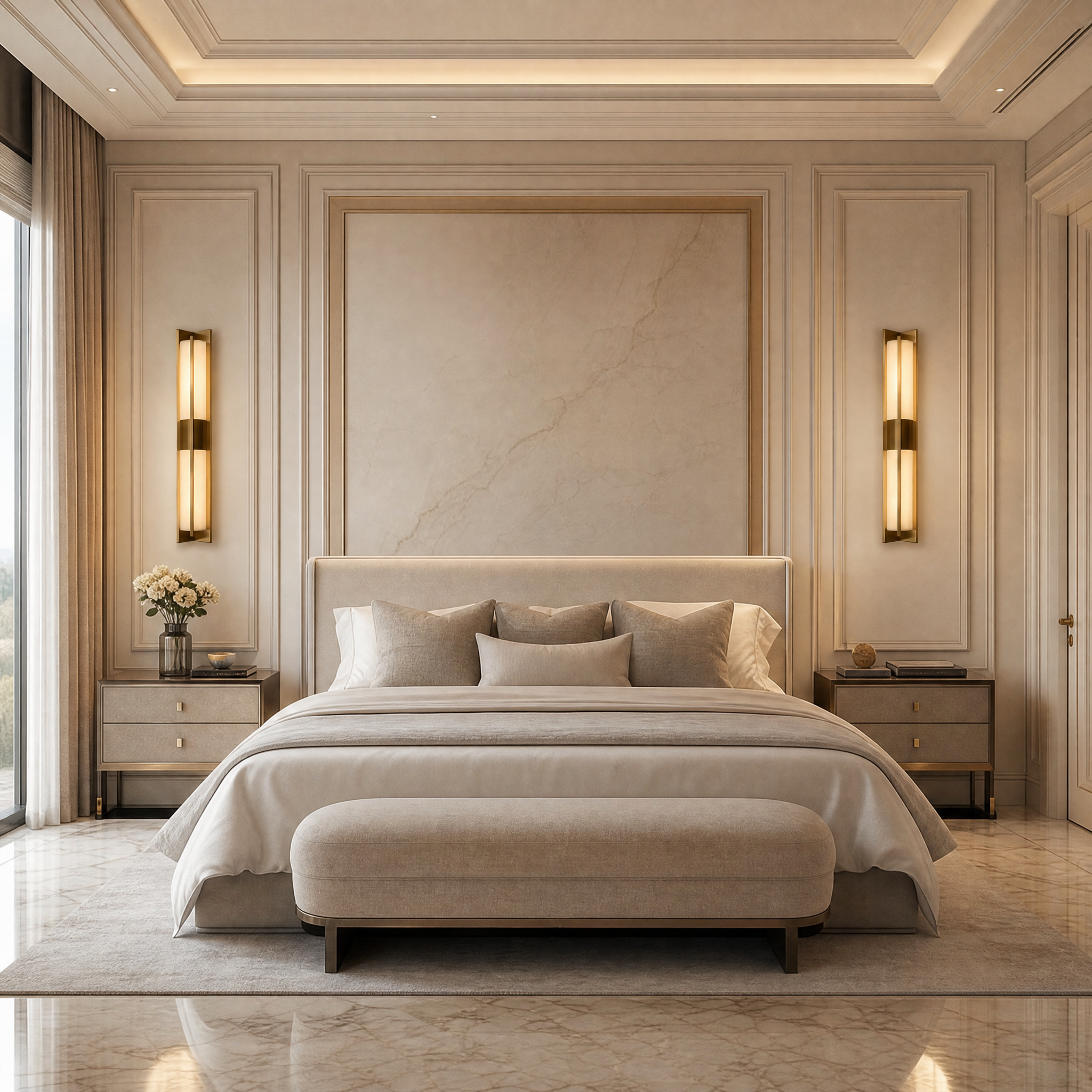 VORELLI Classico Marble Wall Light installed in a luxury residential living room, complementing contemporary interior decor with warm illumination.