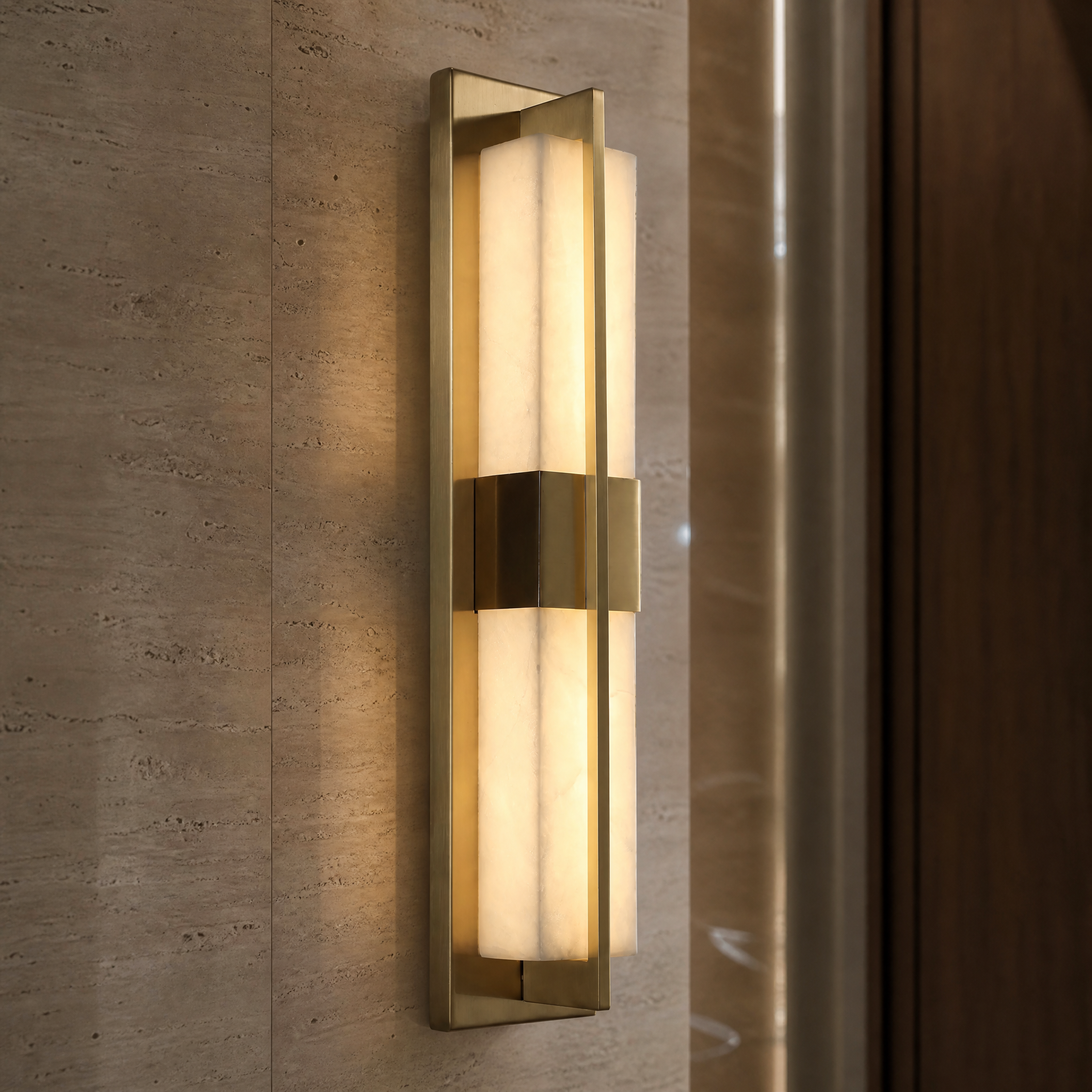 Macro closeup of the VORELLI Classico Marble Wall Light, highlighting the premium texture of the marble and the sleek architectural metal frame.