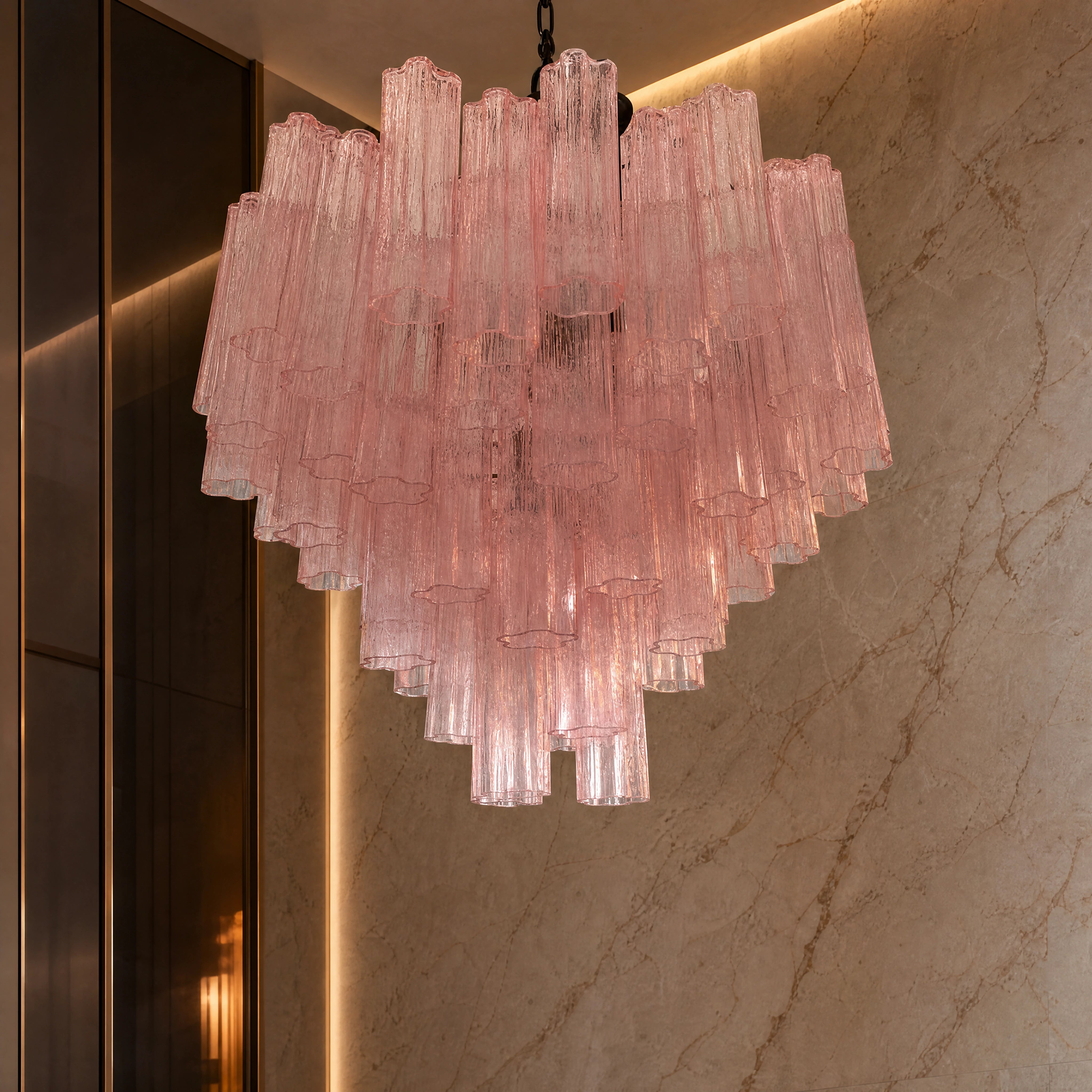 Claudia Tronchi Murano Glass Staircase Chandelier close-up luxury lifestyle hero image by VORELLI