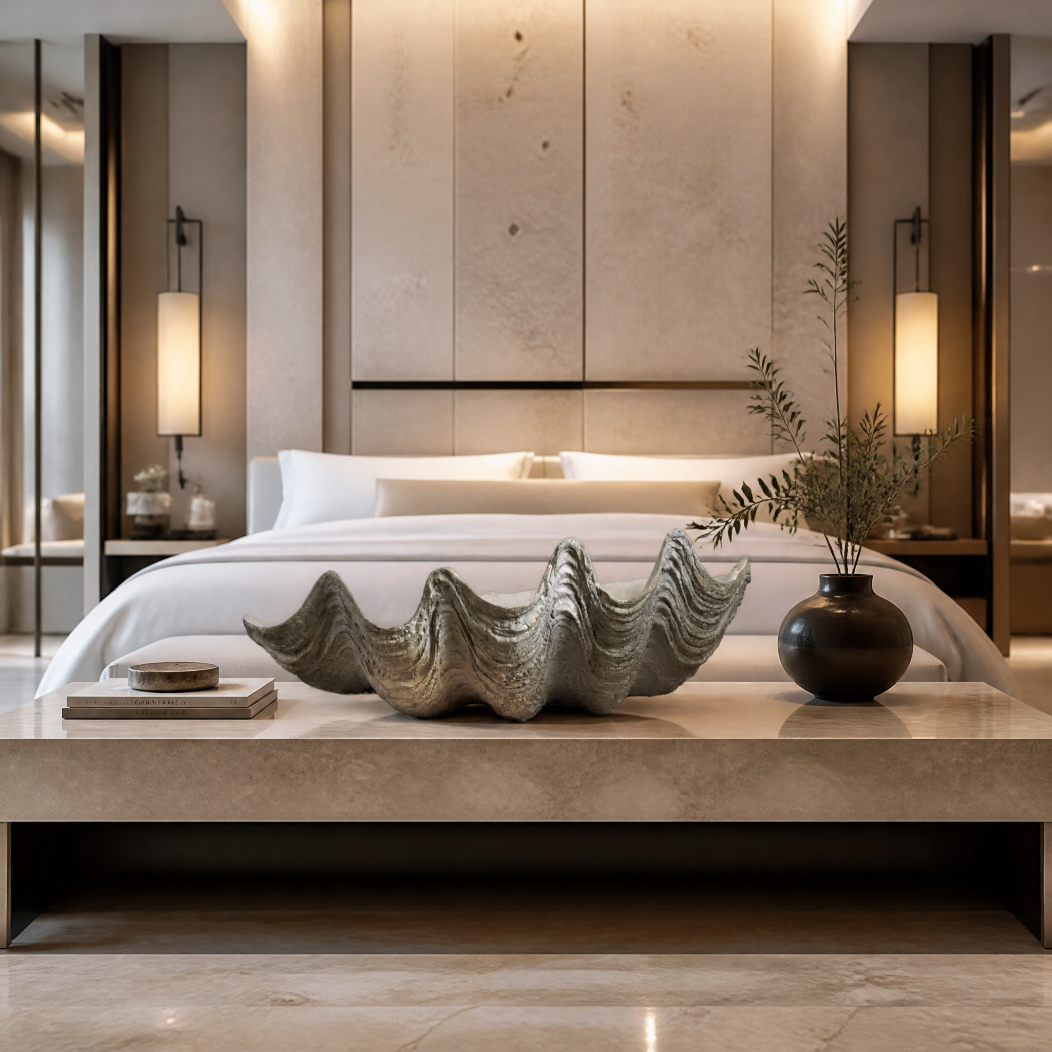 A sophisticated luxury hotel reception desk featuring the VORELLI Conchiglio Medium Shell Decor for an understated, natural coastal aesthetic.