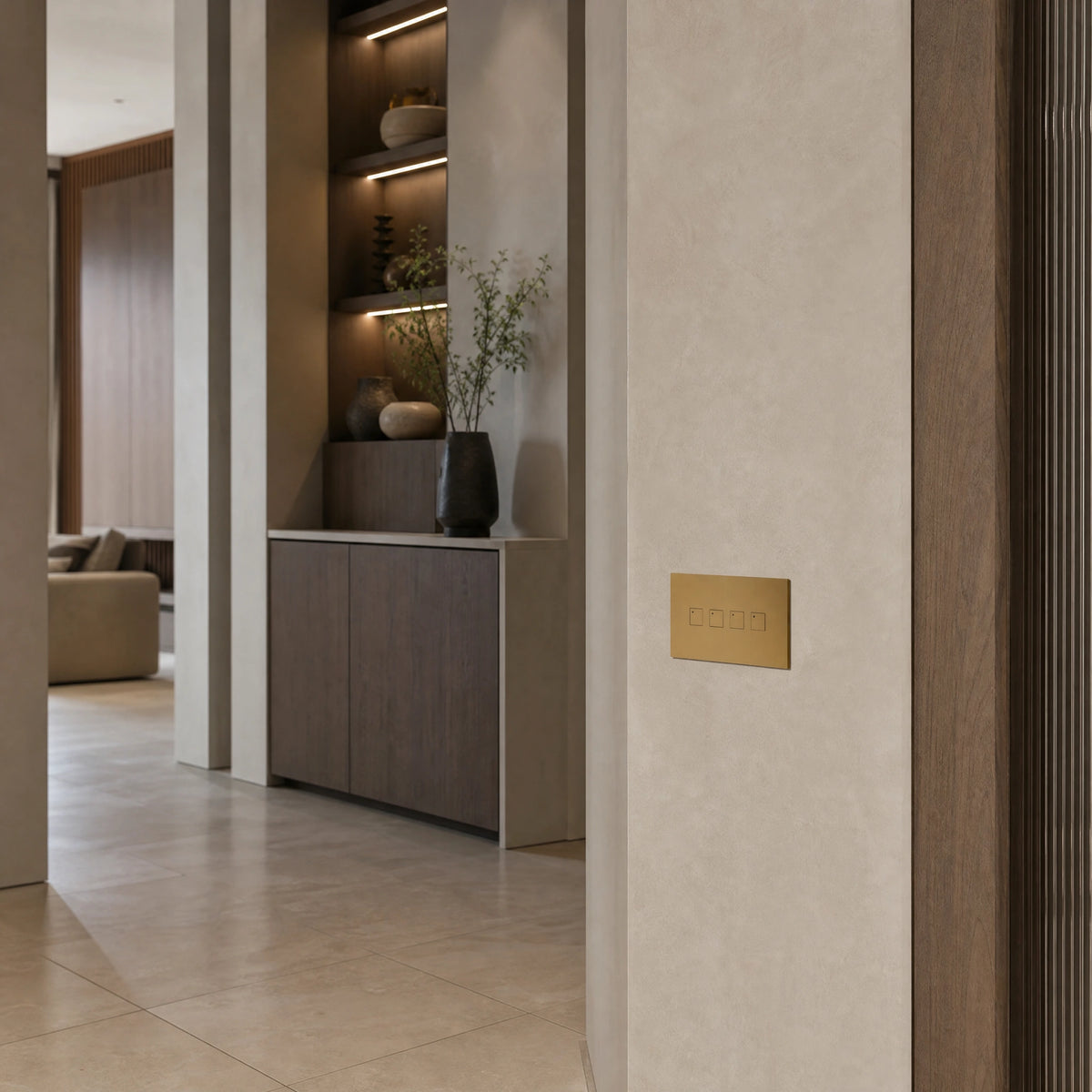 Luxury sienna control switch installed within architectural wall near layered lighting control in a private residence in a UHNW interior by VORELLI®.