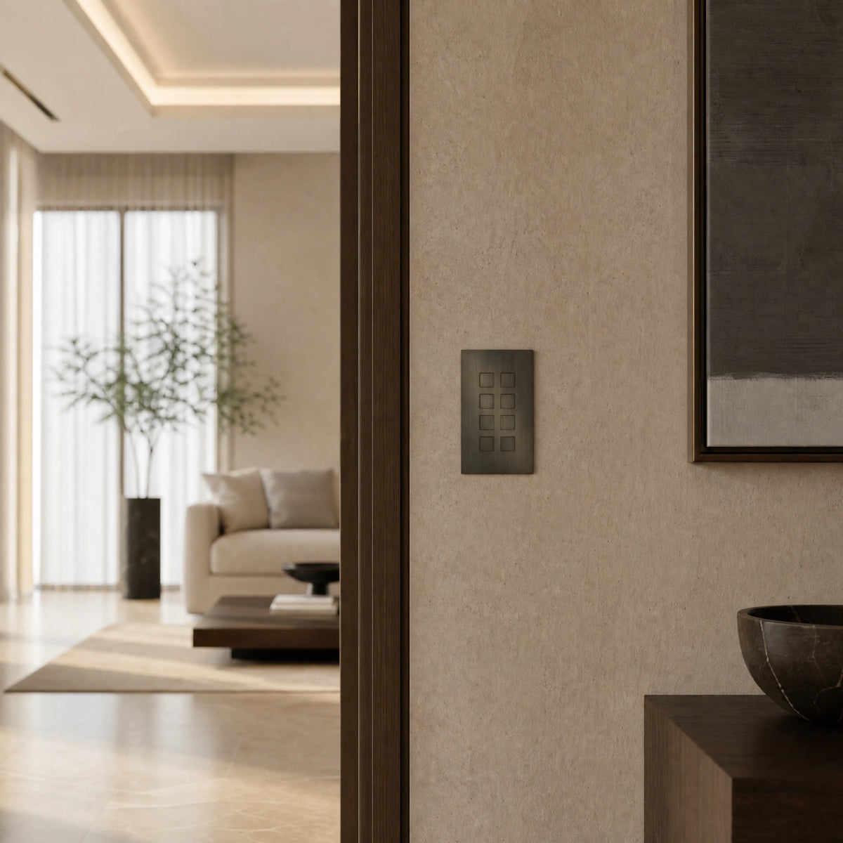 Luxury umber control switch installed within architectural wall near layered lighting control in a private residence in a UHNW interior by VORELLI®.