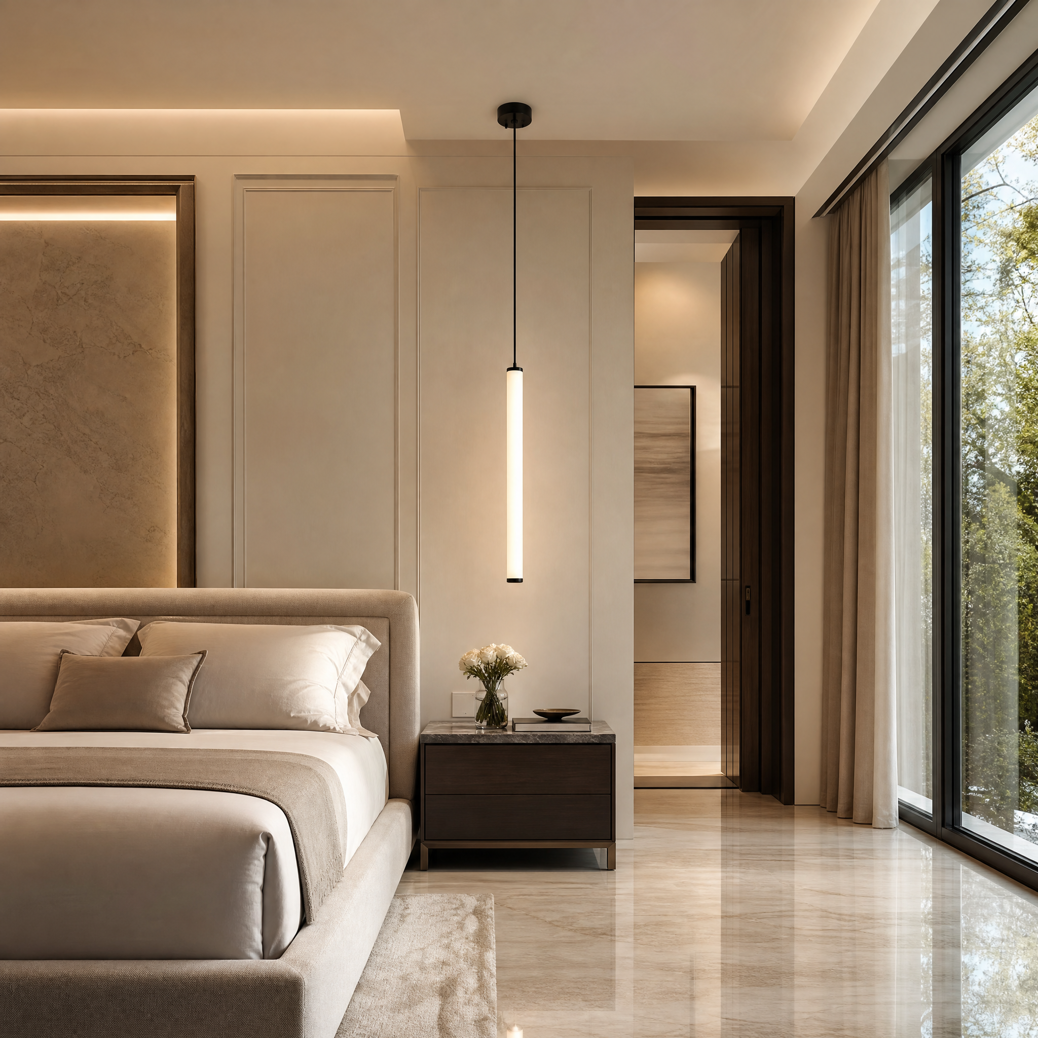 VORELLI Cowley Pendant Light installed in a modern luxury residential dining room, illuminating a contemporary table setting with warm, elegant lighting.