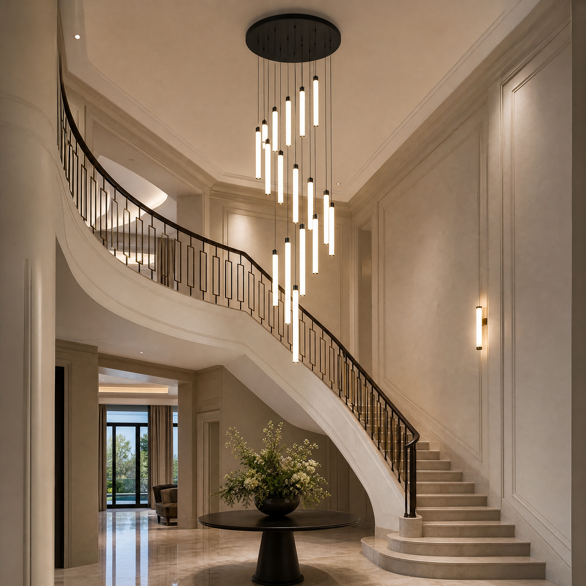 VORELLI Cowley pendant staircase chandelier illuminating a luxury residential foyer with modern elegance.