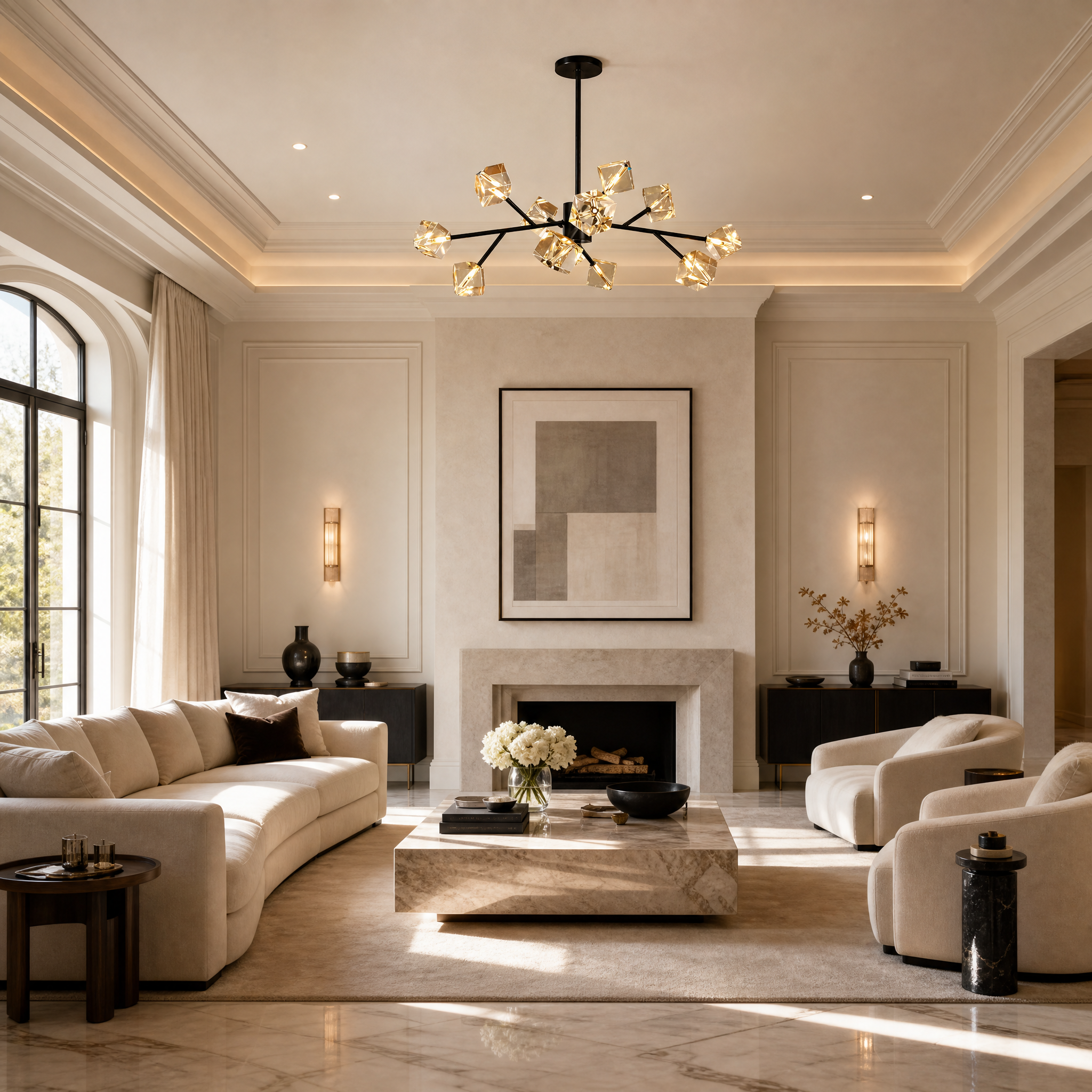 VORELLI Crenshaw luxury pendant light featuring sculpted crystal cubes illuminating a contemporary residential dining room layout.