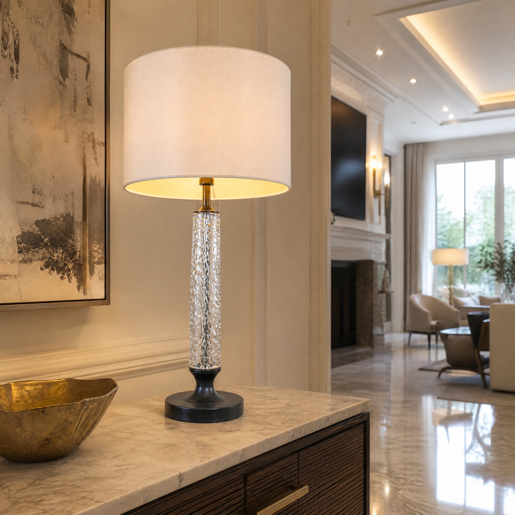 VORELLI Cristaro bronze crystal table lamp illuminating a luxury residential bedroom styling with warm ambient light.