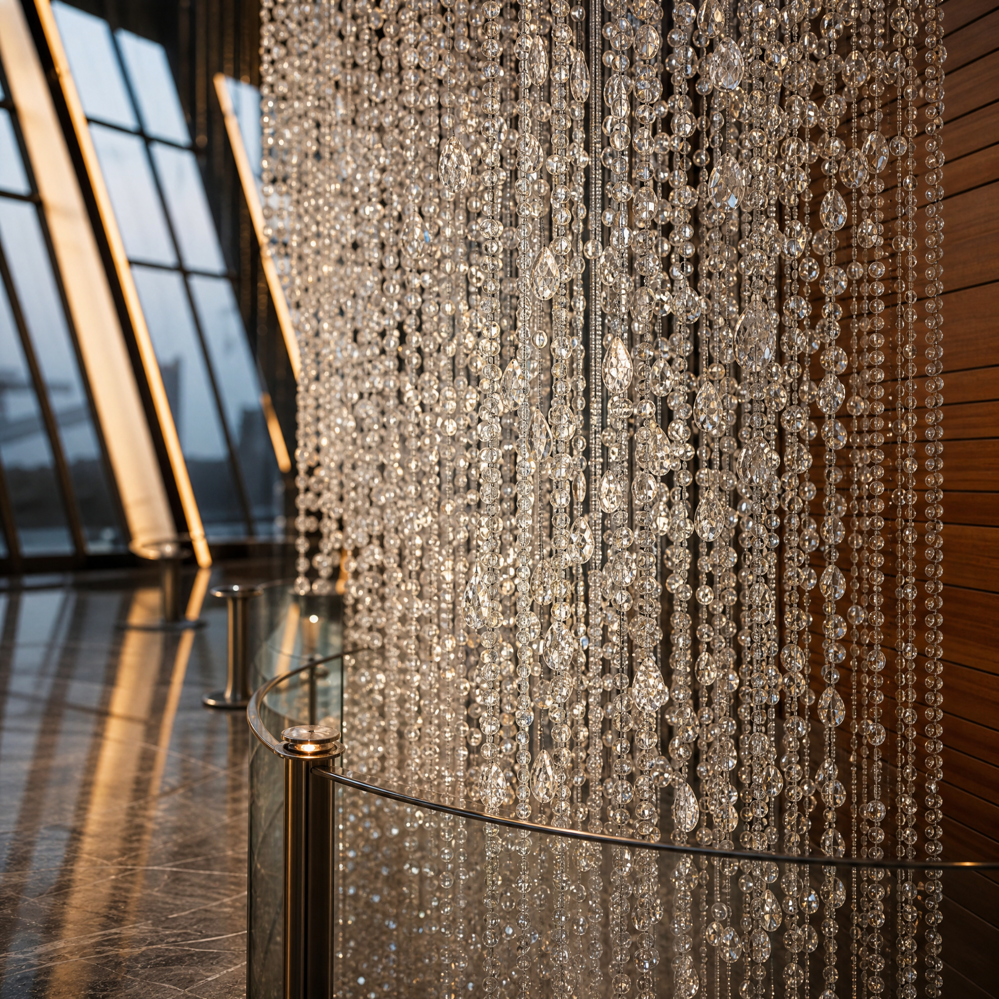 Close-up detail of individual crystal bead strands from the VORELLI Waterfall installation, capturing subtle light refractions and delicate movement.