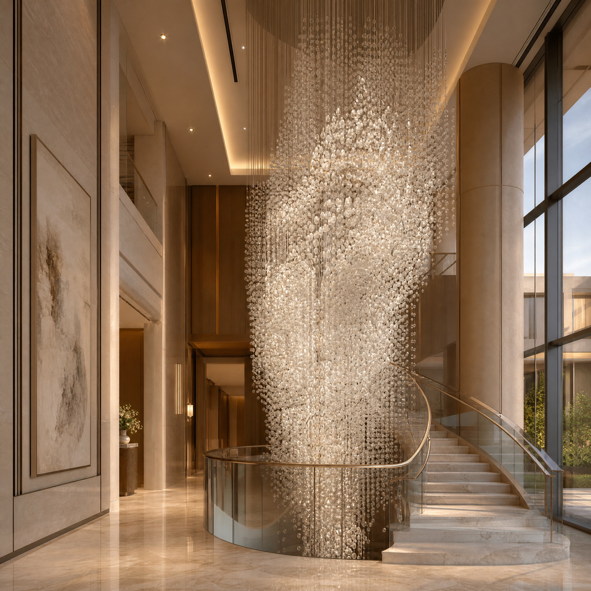 A magnificent VORELLI Crystal Bead Waterfall light installation creating an elegant, flowing focal point inside a luxury hotel lobby.