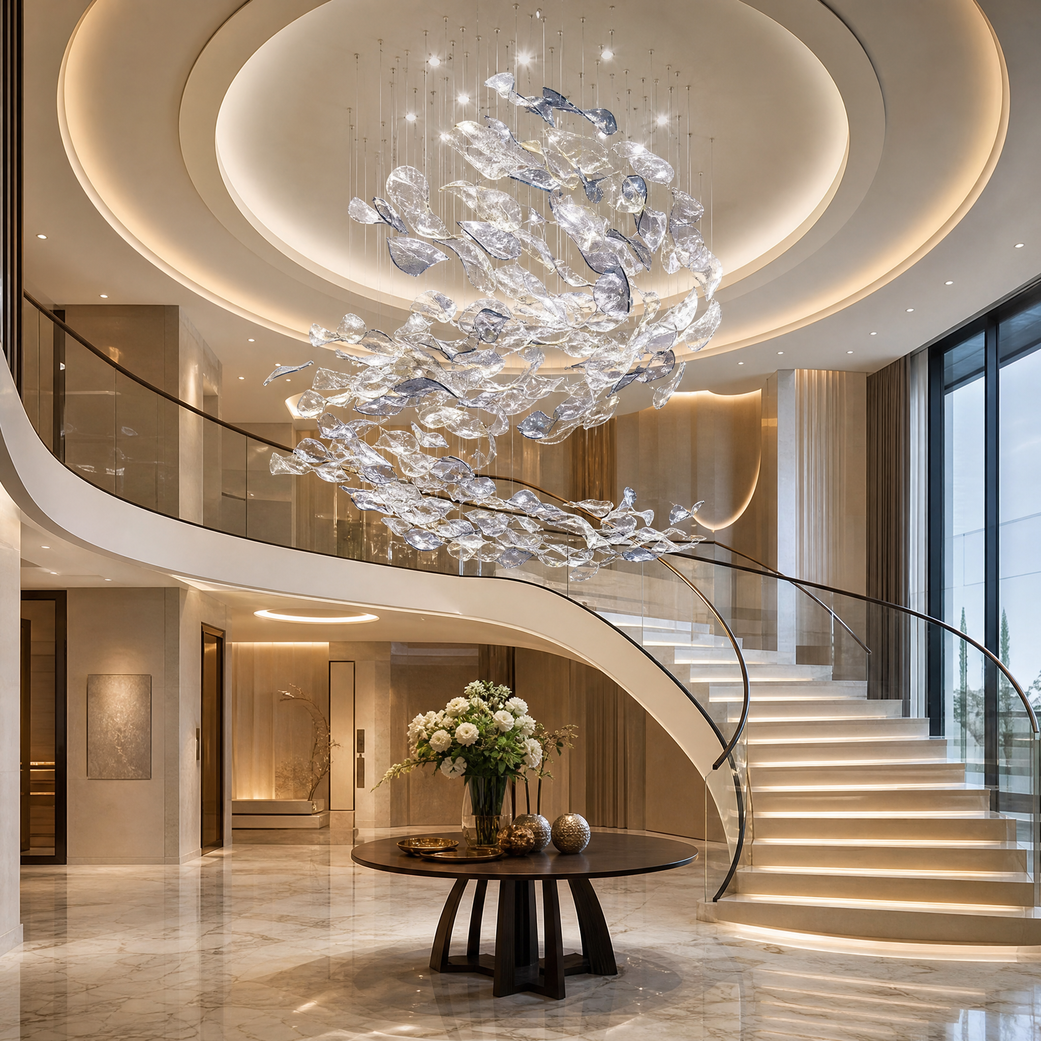 VORELLI Crystal Current bespoke glass chandelier installed in a luxury contemporary residential dining room, casting a soft atmospheric glow.