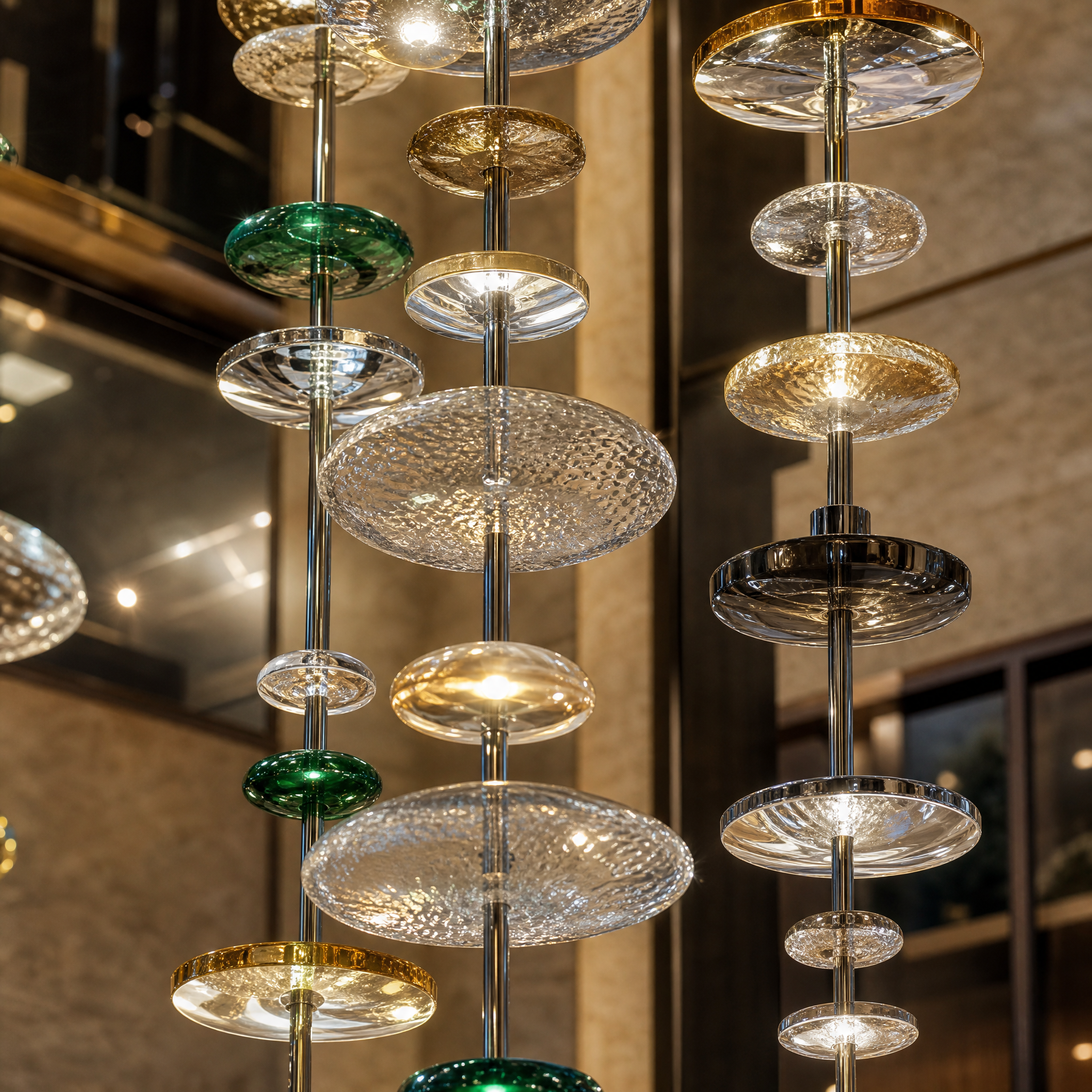 Macro view of precise crystal disc layers and polished stainless steel detailing on a VORELLI luxury lighting fixture.
