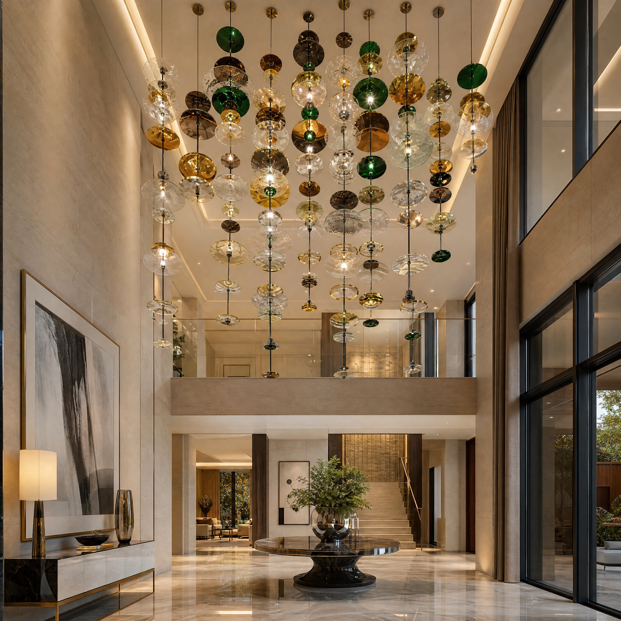 Luxury crystal disc lighting installation featured in a high-end modern residential living space by VORELLI.
