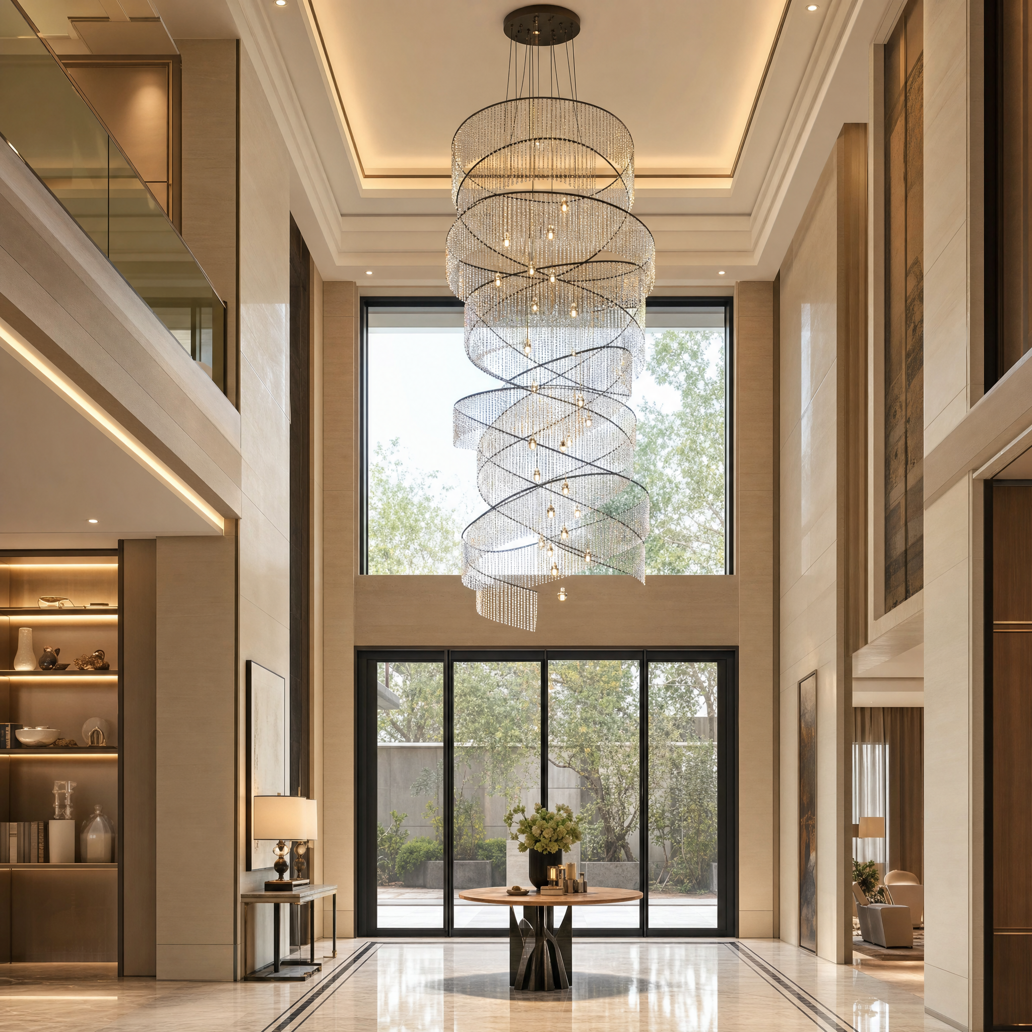 A luxury crystal ring and bubble ball chandelier installation featured in a high-end modern residential living space.