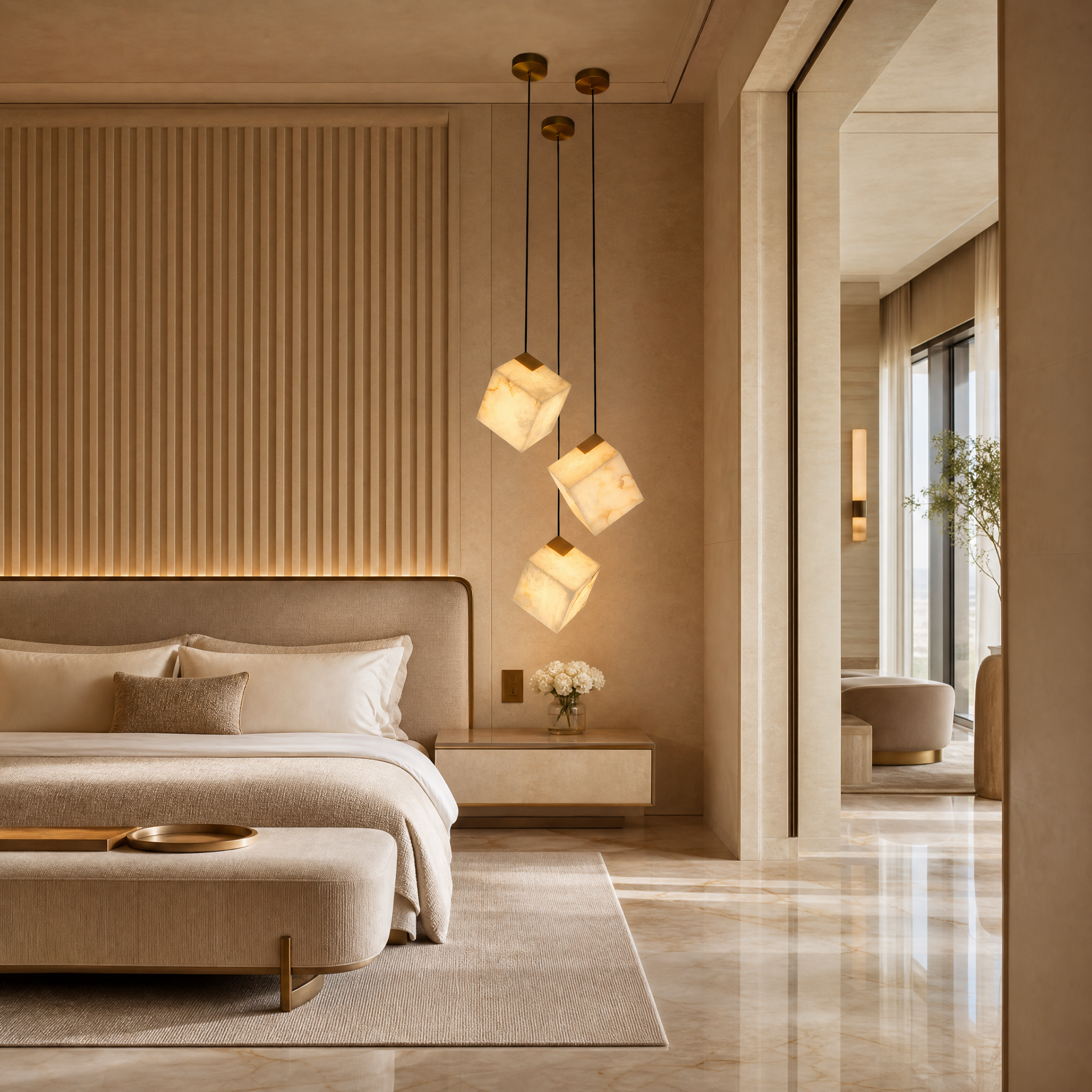 A sophisticated arrangement of VORELLI Cube alabaster marble pendant lights hanging in a high-end boutique hotel lobby.