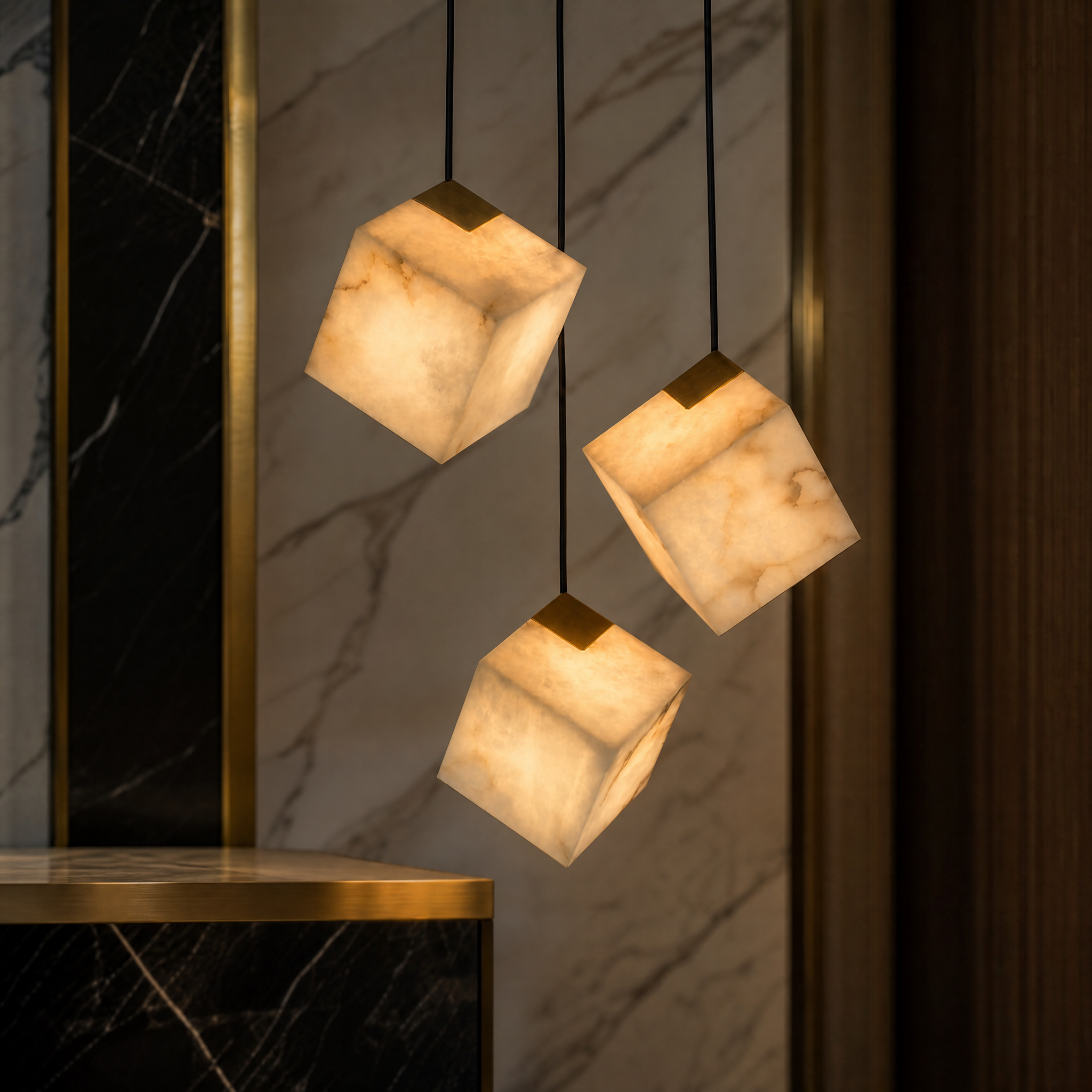 Macro closeup of the VORELLI Cube Pendant showcasing the unique natural veining and textured finish of the carved alabaster marble.