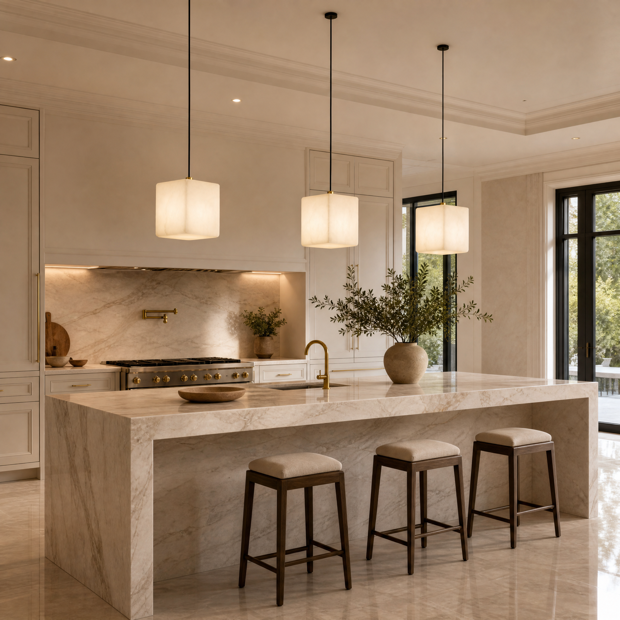 VORELLI Cubetto marble pendant light illuminating a modern luxury residential dining space with a warm, sophisticated architectural glow.