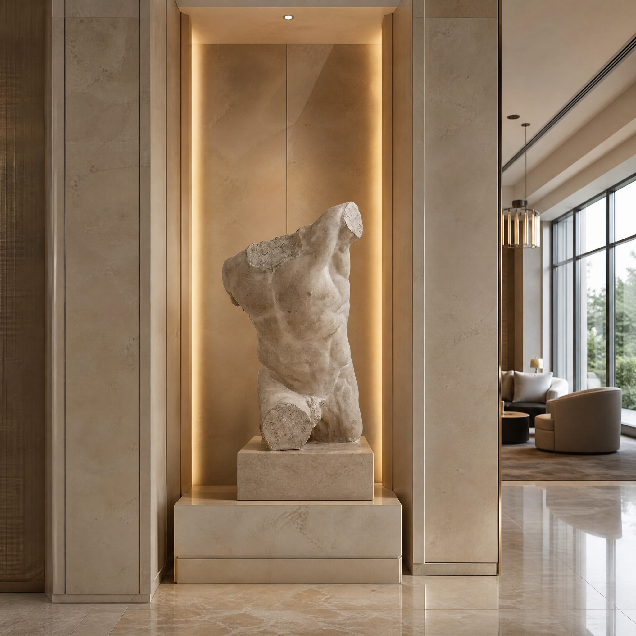 An antique-inspired VORELLI Dalmazio male torso statue showcasing refined decorative appeal in a high-end boutique hotel lobby or hospitality lounge.