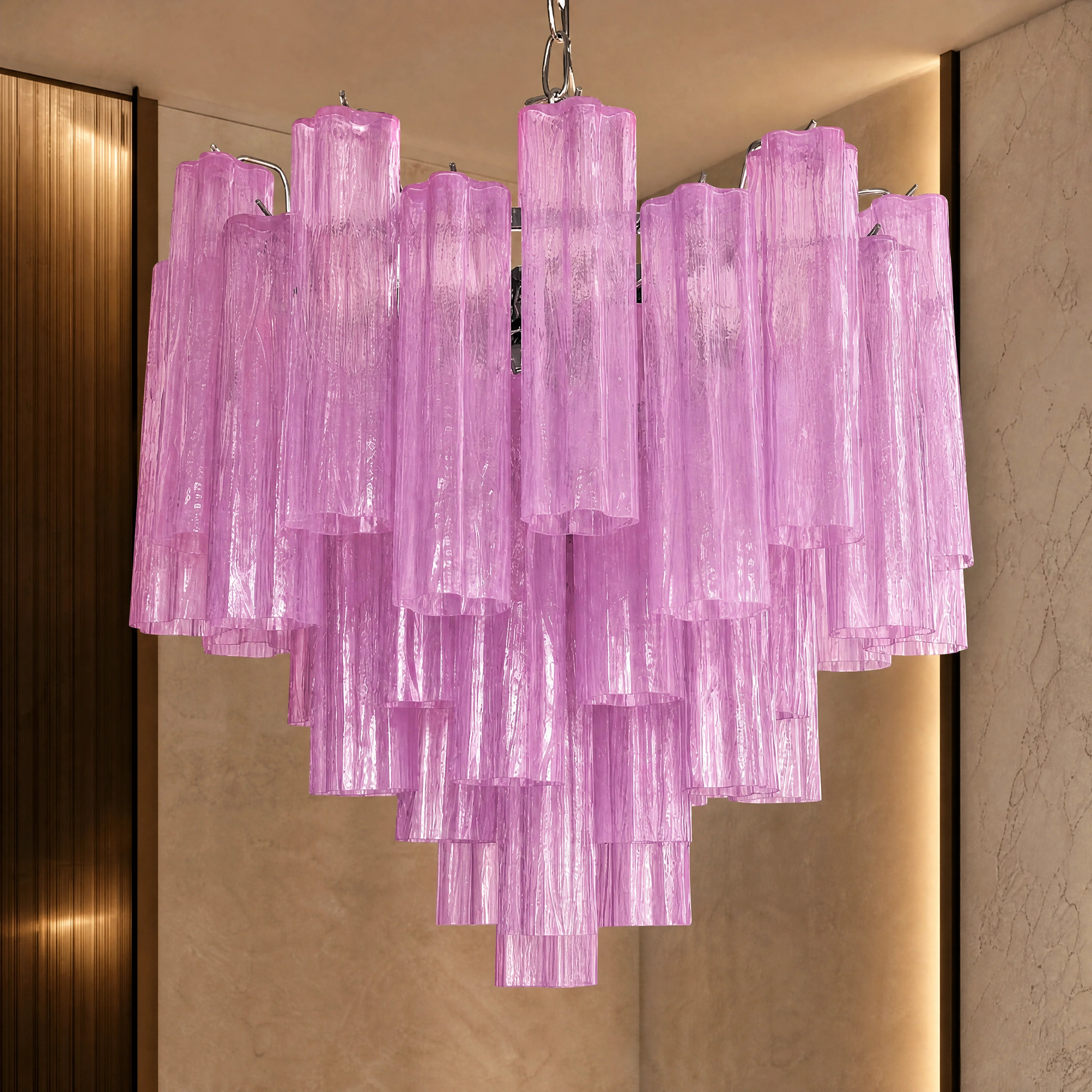 Delizia Tronchi Murano Glass Staircase Chandelier close-up luxury lifestyle hero image by VORELLI