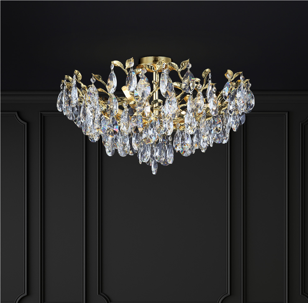 Dewdrop ceiling light with cascading diamond cut crystal drops in a luxury interior setting