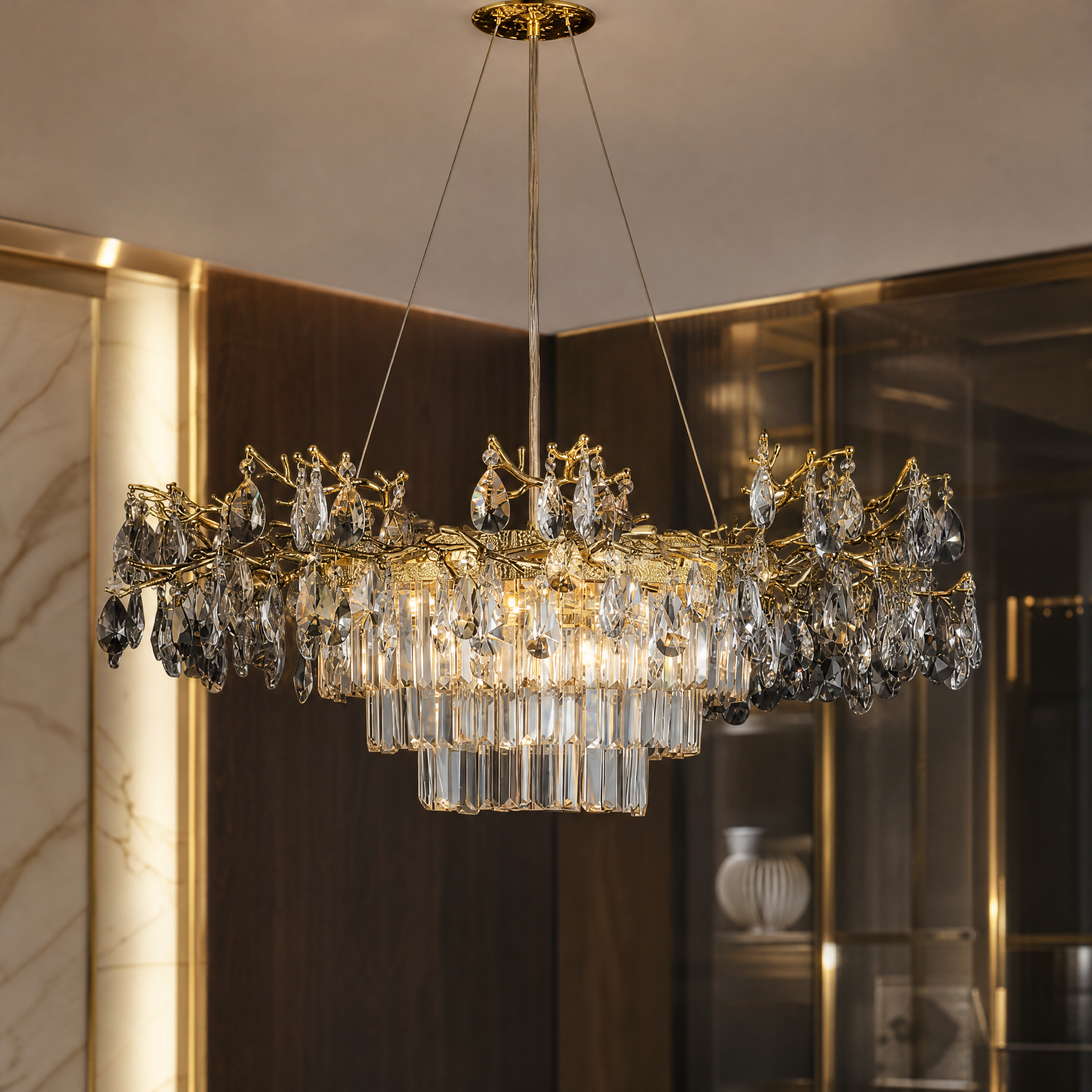 A detailed macro closeup of the VORELLI Dewdrop Circular Chandelier V, highlighting the intricate cascading crystal drops and the fine craftsmanship of its sculptural frame.