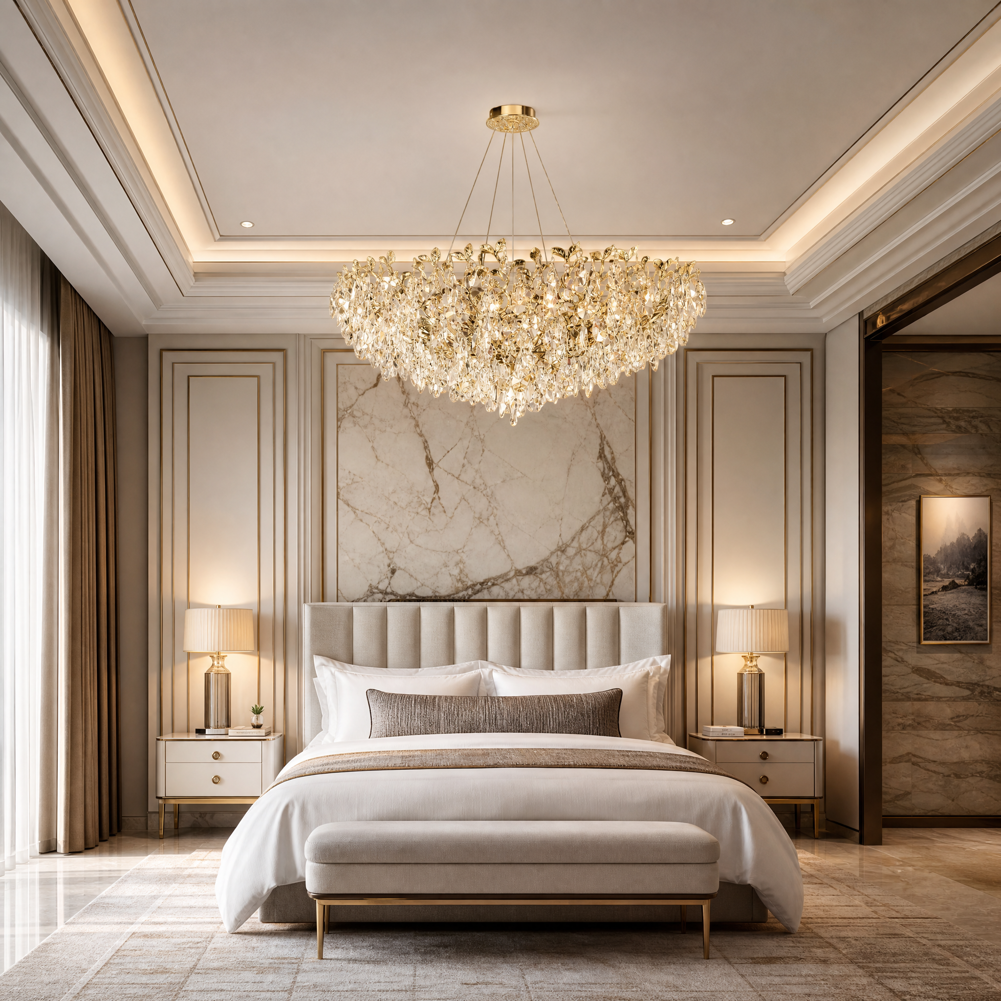 A sophisticated boutique hotel lobby featuring the VORELLI Dewdrop Circular Chandelier III, casting a warm, luxurious glow over upscale hospitality interior design.