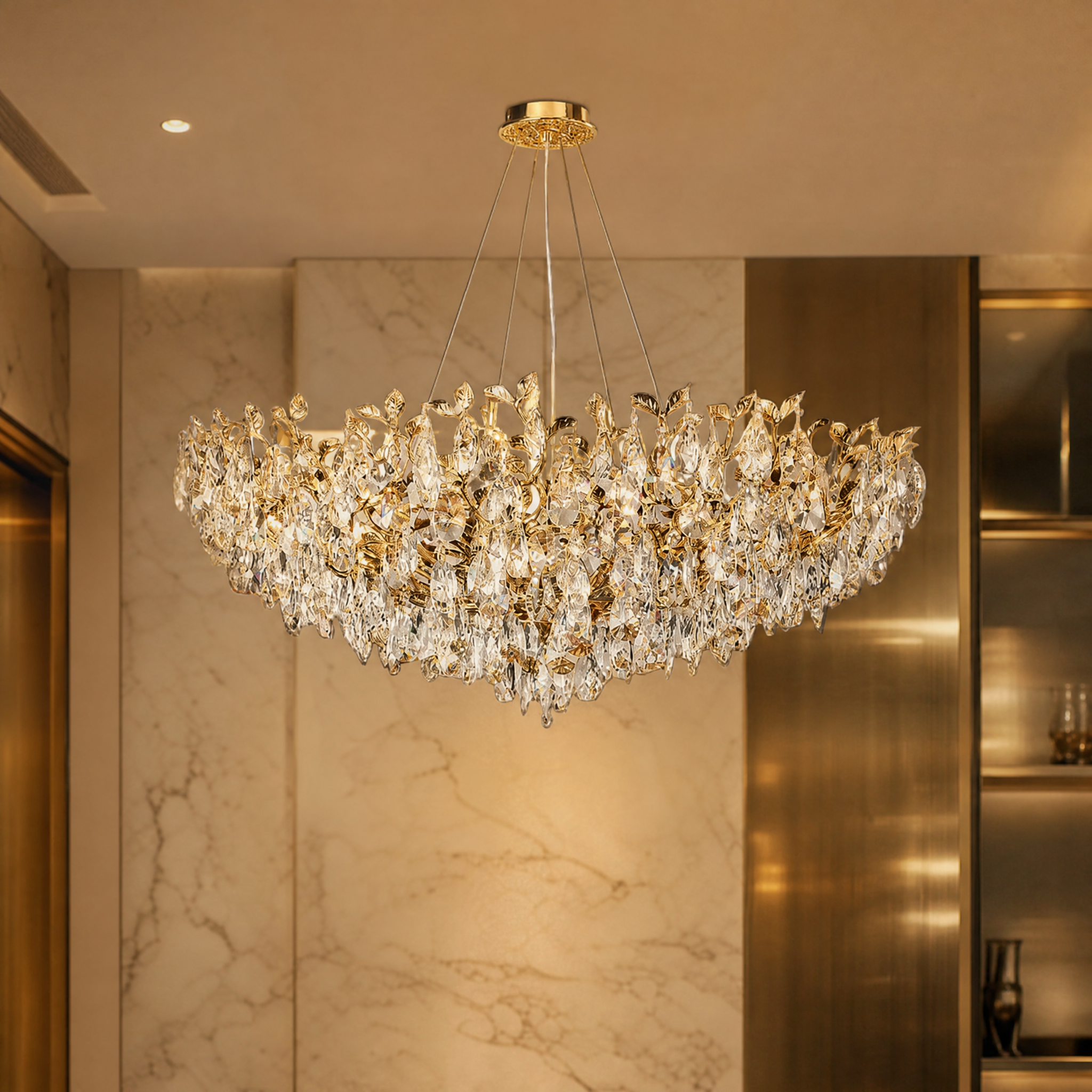 A detailed close-up of the VORELLI Dewdrop Circular Chandelier III, showcasing the intricate sculpted metal branches and high-clarity cascading crystal drops.