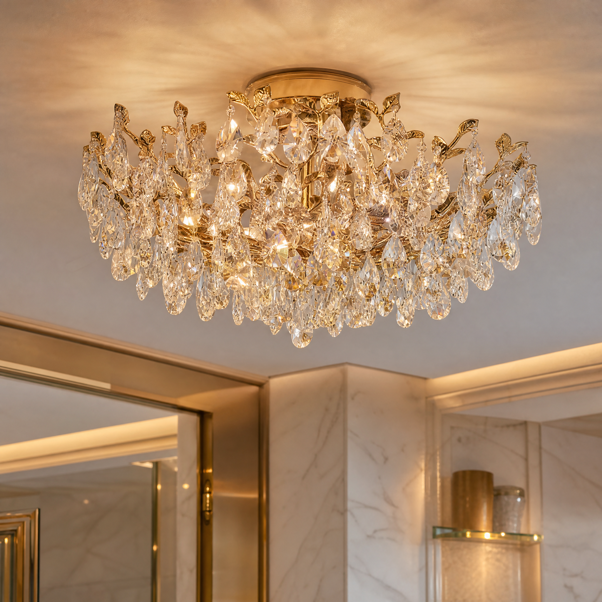 A detailed close-up shot of the VORELLI Dewdrop ceiling light, highlighting the intricate texture of the cascading diamond-cut crystal drops reflecting light.