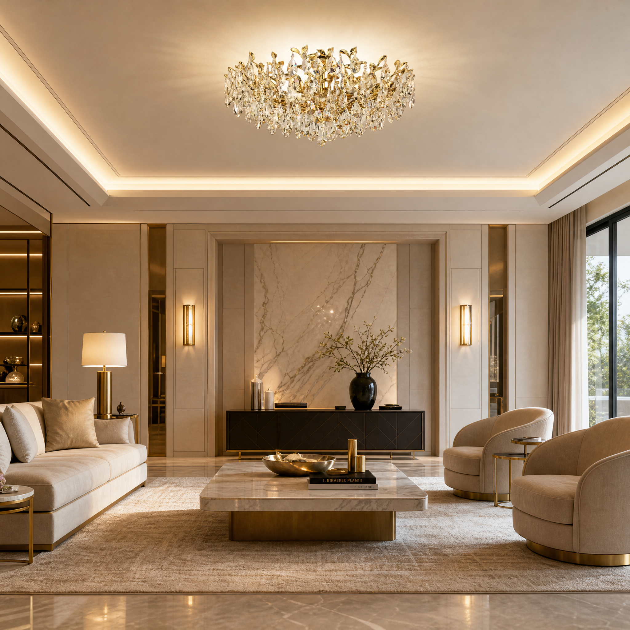 A luxurious residential bedroom interior featuring the VORELLI Dewdrop ceiling light with cascading diamond-cut crystal drops that cast a warm, sophisticated glow over the elegant decor.
