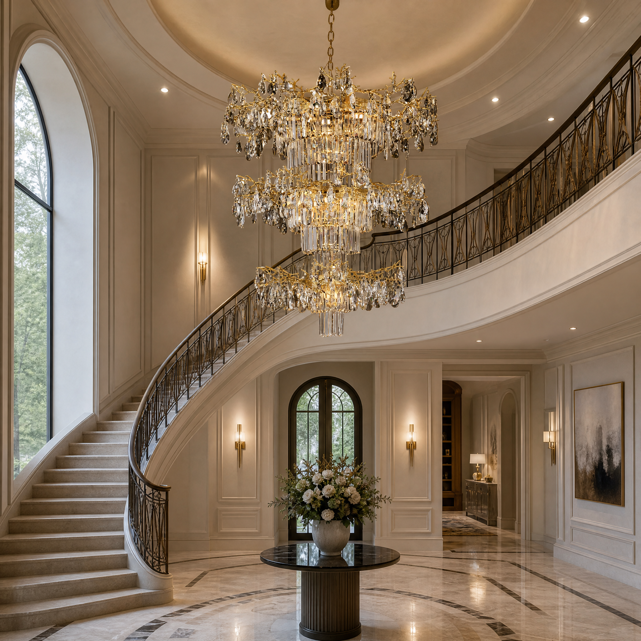 The VORELLI Dewdrop Grandeur Staircase Chandelier II cascading elegantly through a luxury residential multi-story stairwell, illuminating the grand entryway with warm, sophisticated light.