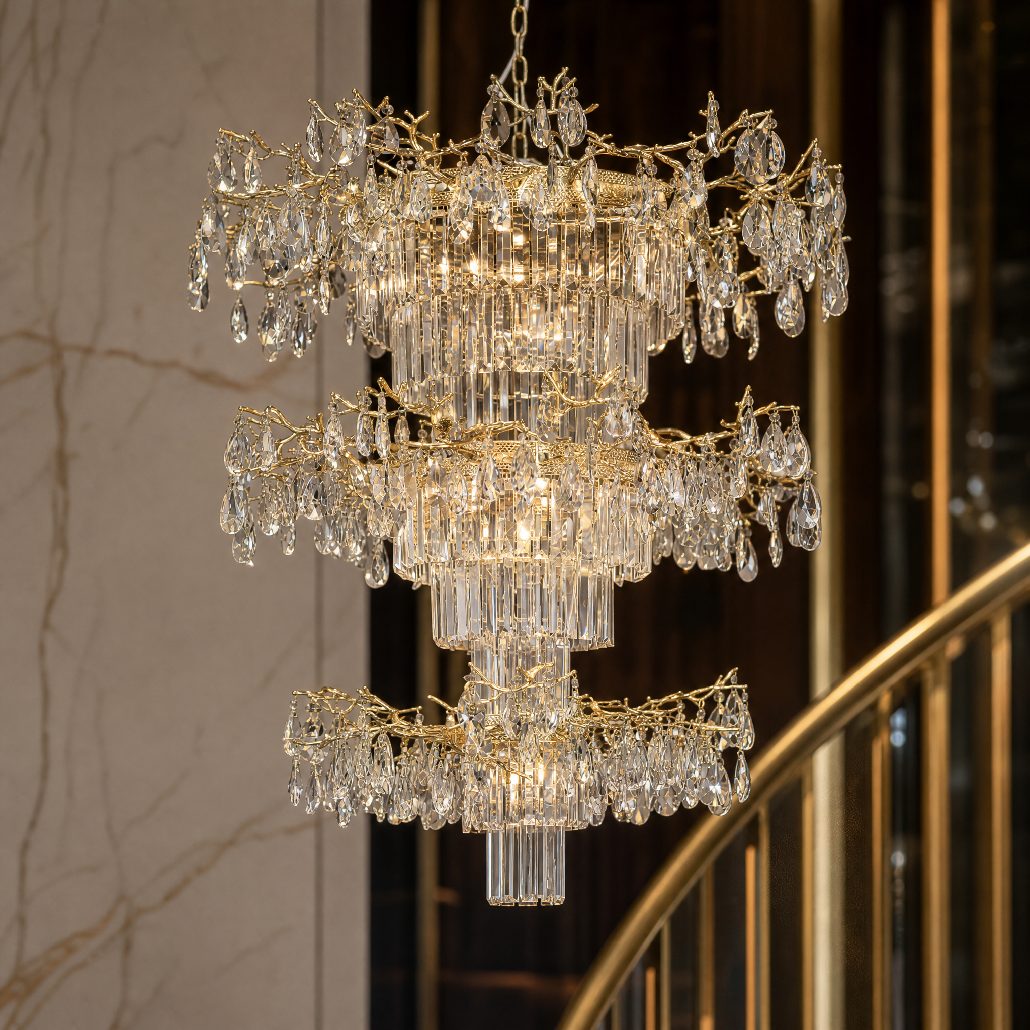 A detailed closeup view of the premium cascading crystal drops from the VORELLI Dewdrop Grandeur II chandelier, highlighting the intricate craftsmanship and brilliant light refraction.
