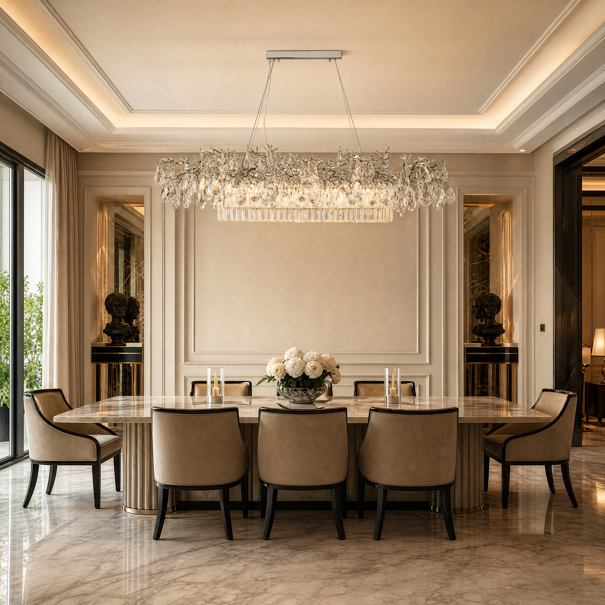 The VORELLI Dewdrop rectangular chandelier cascading with crystal drops over a luxury residential dining room table.
