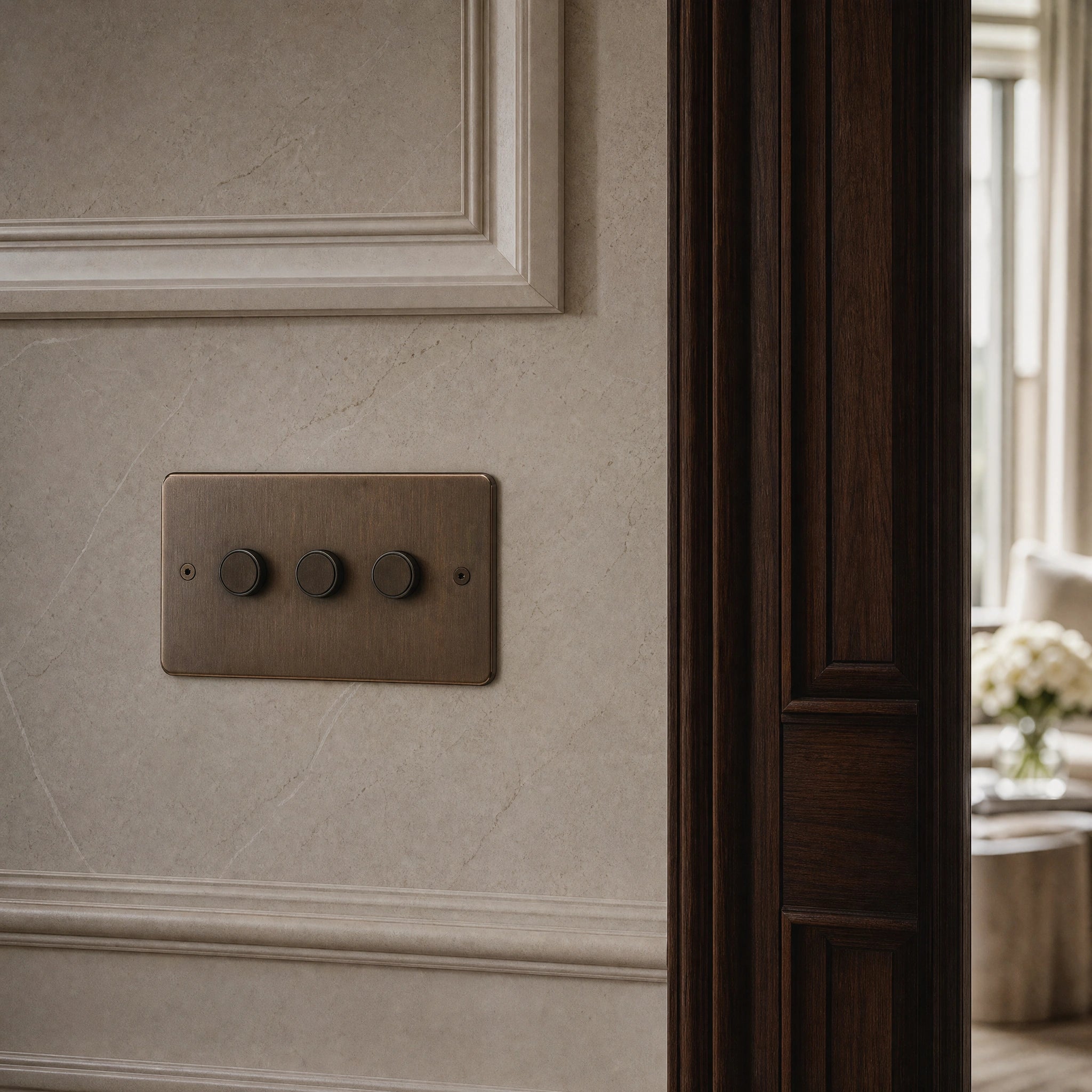 Close-up of a luxury antique brass dimmer switch installed within feature wall beside an elegant doorway in a Belgravia-style residence by VORELLI®.