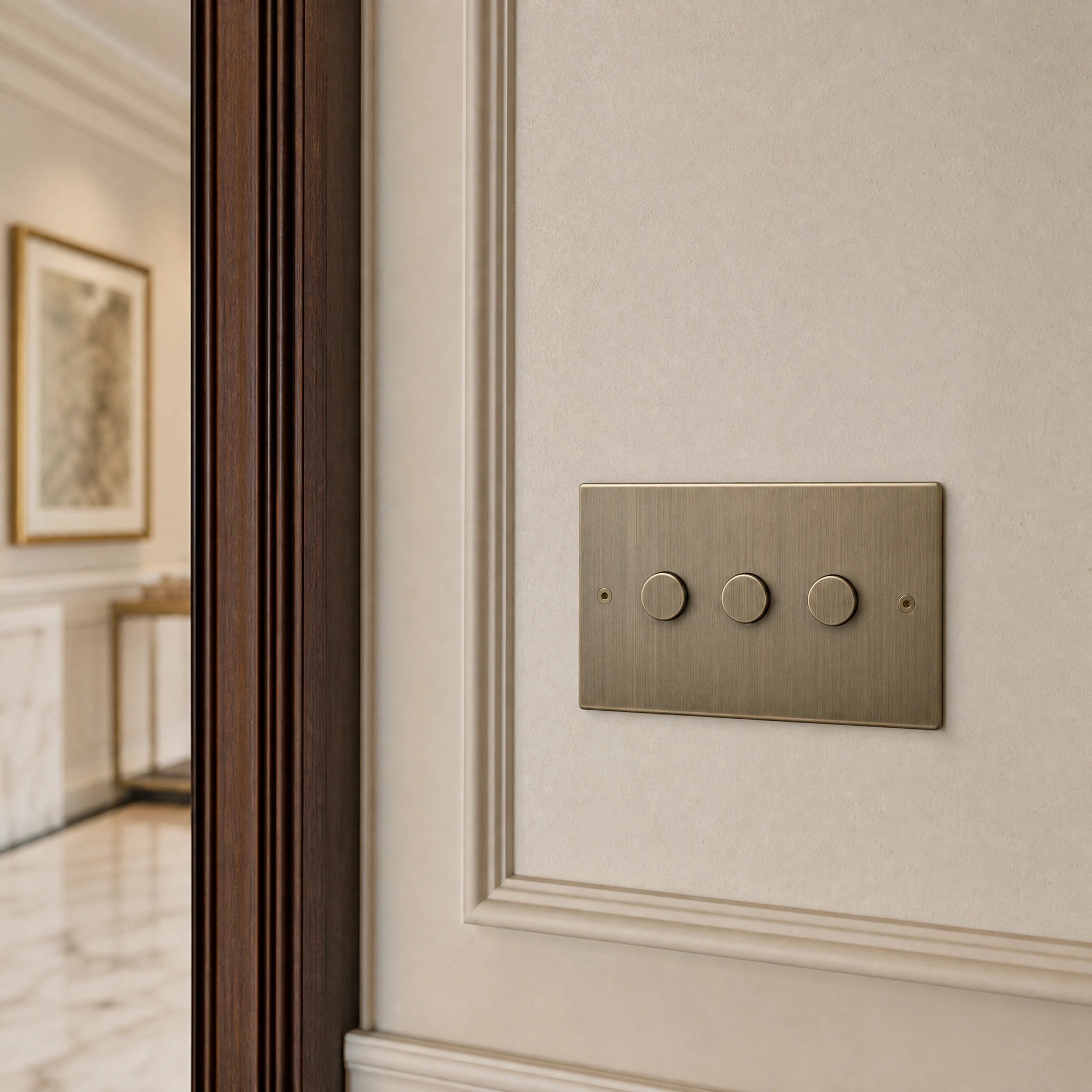 Close-up of a luxury antique brass dimmer switch installed within feature wall beside an elegant doorway in a Belgravia-style residence by VORELLI®.