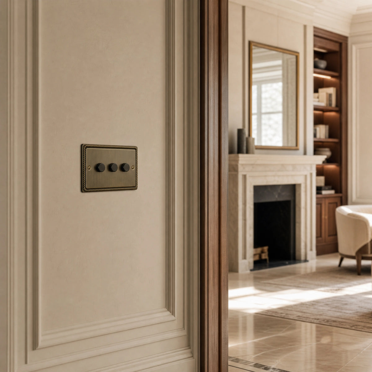 Luxury antique brass dimmer switch installed within feature wall beside an elegant doorway in a Belgravia-style residence in a UHNW interior by VORELLI®.