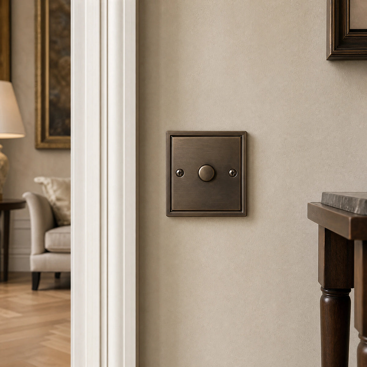 Close-up of a luxury antique bronze dimmer switch installed within feature wall beside an elegant doorway in a Belgravia-style residence by VORELLI®.