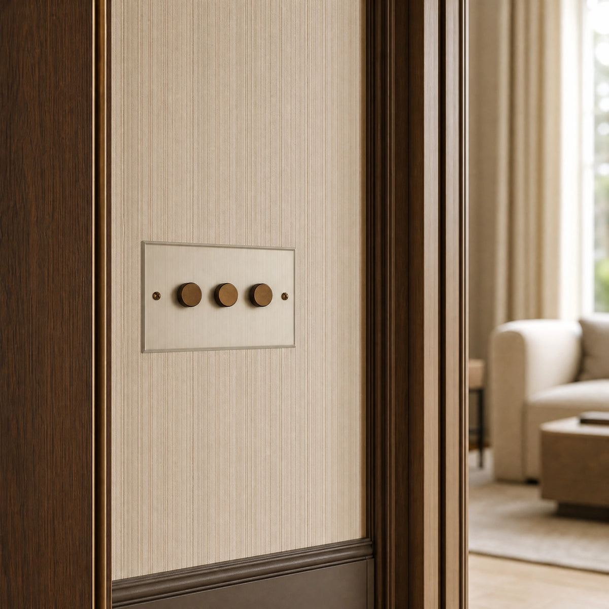 Close-up of a luxury bronze antique dimmer switch installed within feature wall beside an elegant doorway in a Belgravia-style residence by VORELLI®.