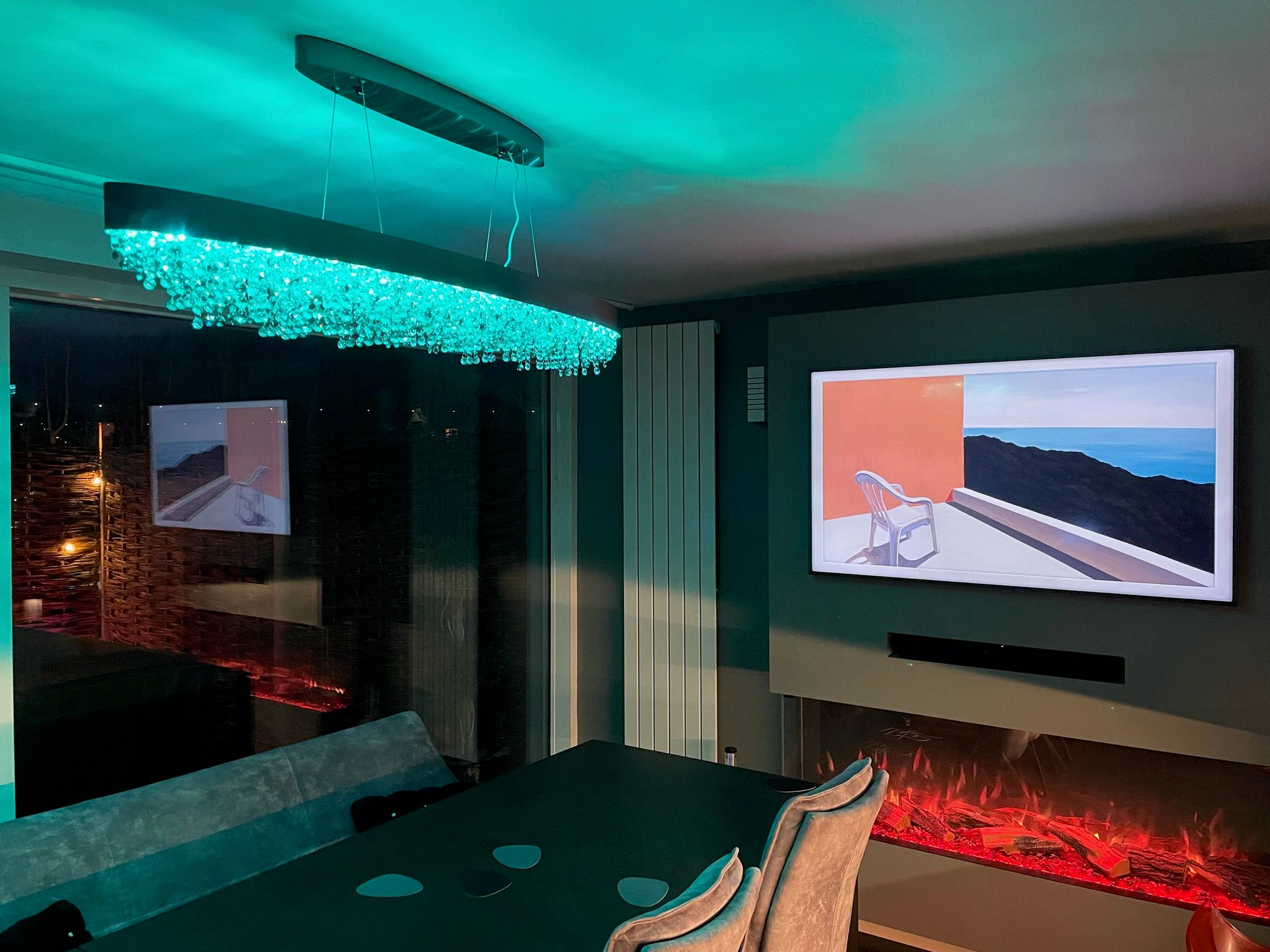 VORELLI® Donatello rectangular chandelier with teal ambient RGB crystal illumination